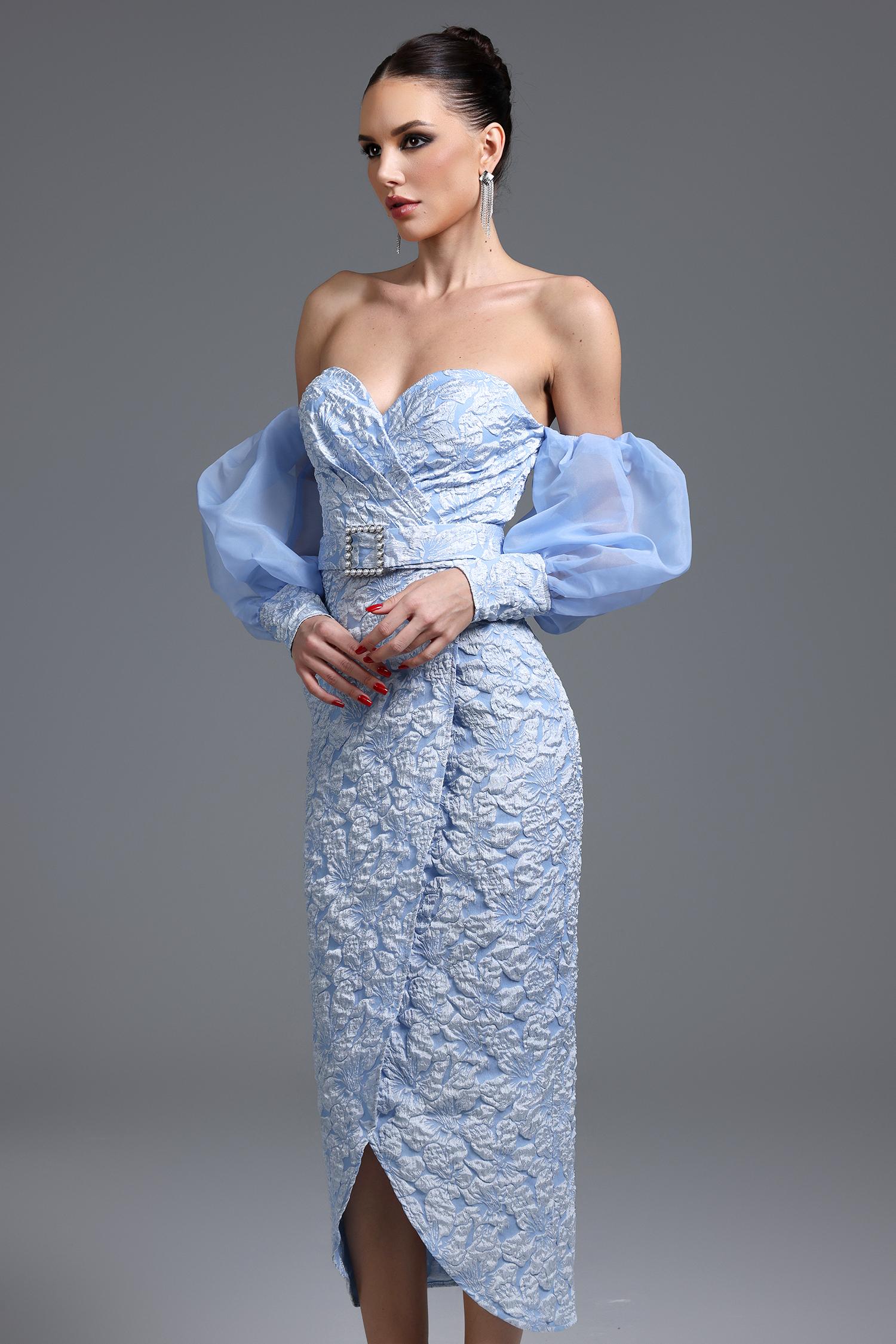 Tini Romantic Textured Strapless Sheer Sleeve Floral Maxi Dress