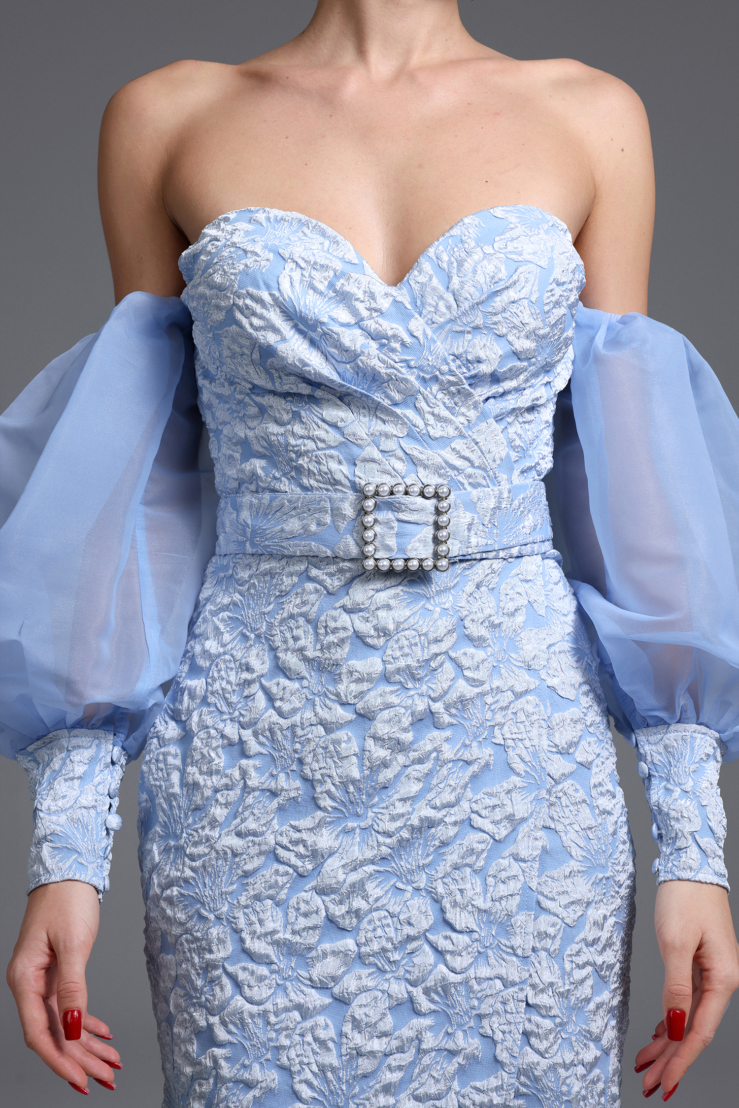 Tini Romantic Textured Strapless Sheer Sleeve Floral Maxi Dress