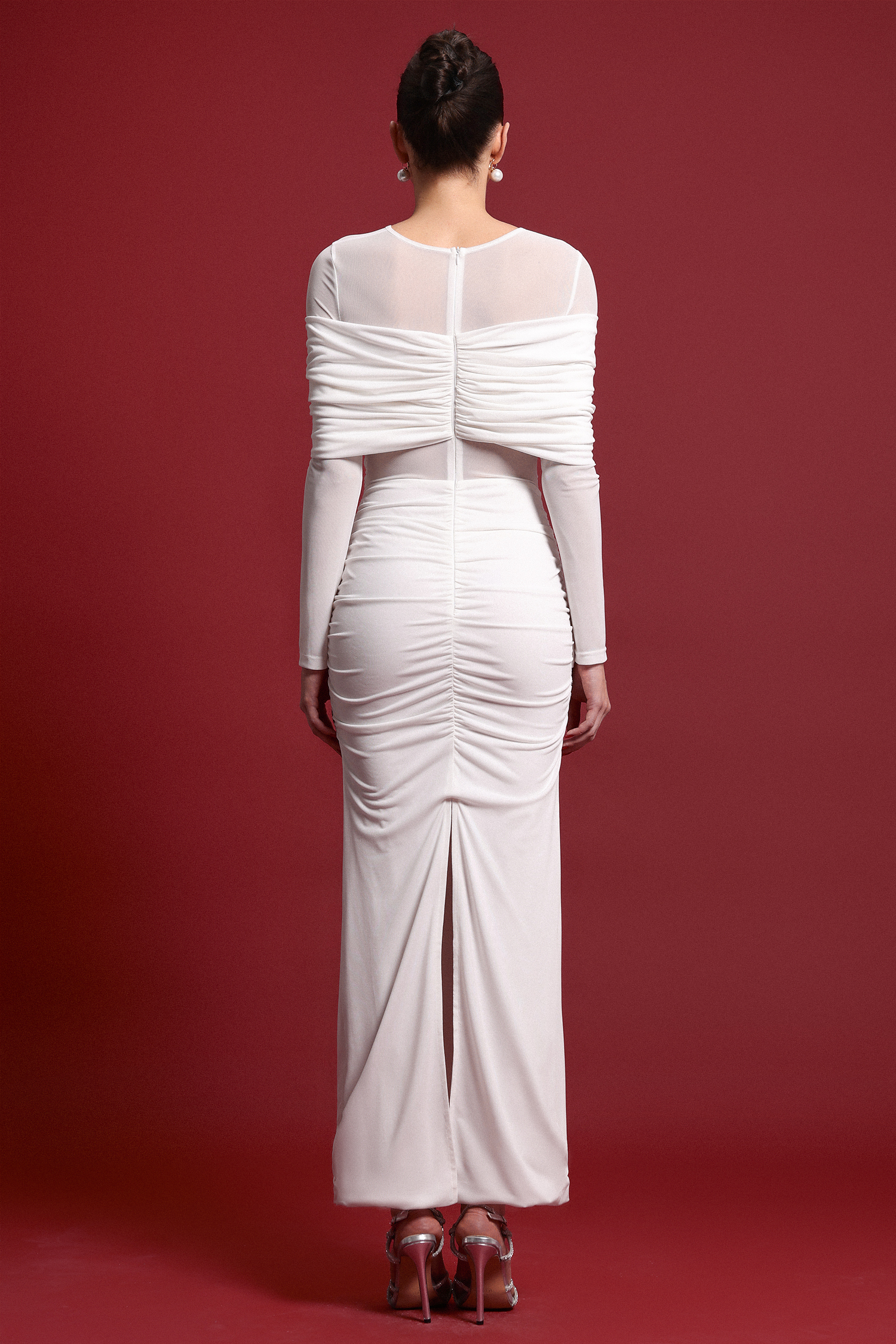 Ingrid Elegant Contour Ruched Mesh Layered Knit Maxi Dress