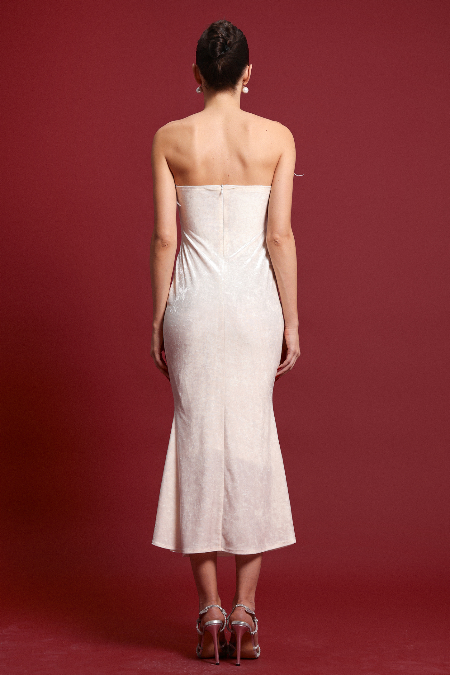 Fala Glamorous Contour Strapless Ruched Feather Velvet Maxi Dress