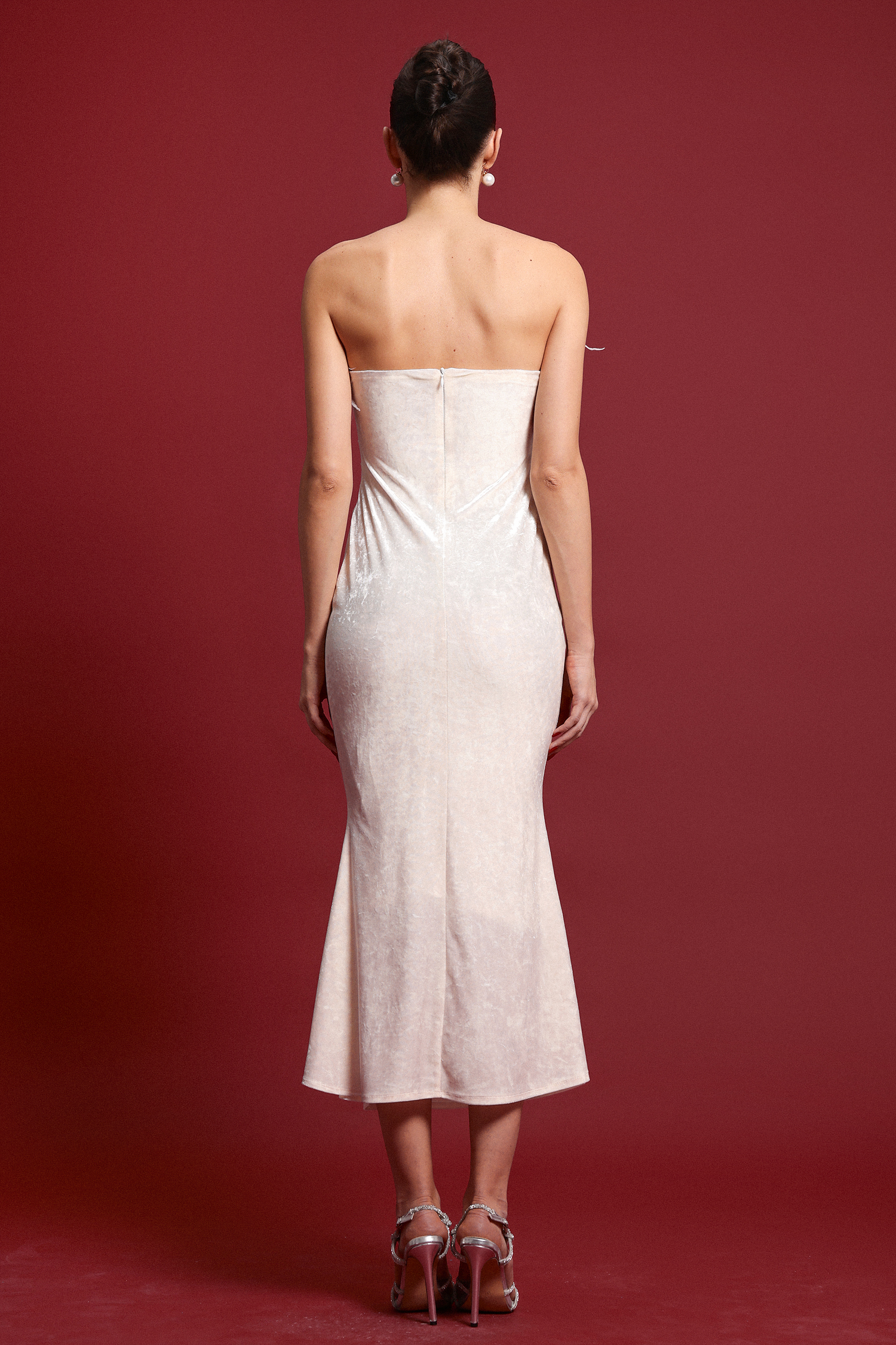 Fala Glamorous Contour Strapless Ruched Feather Velvet Maxi Dress