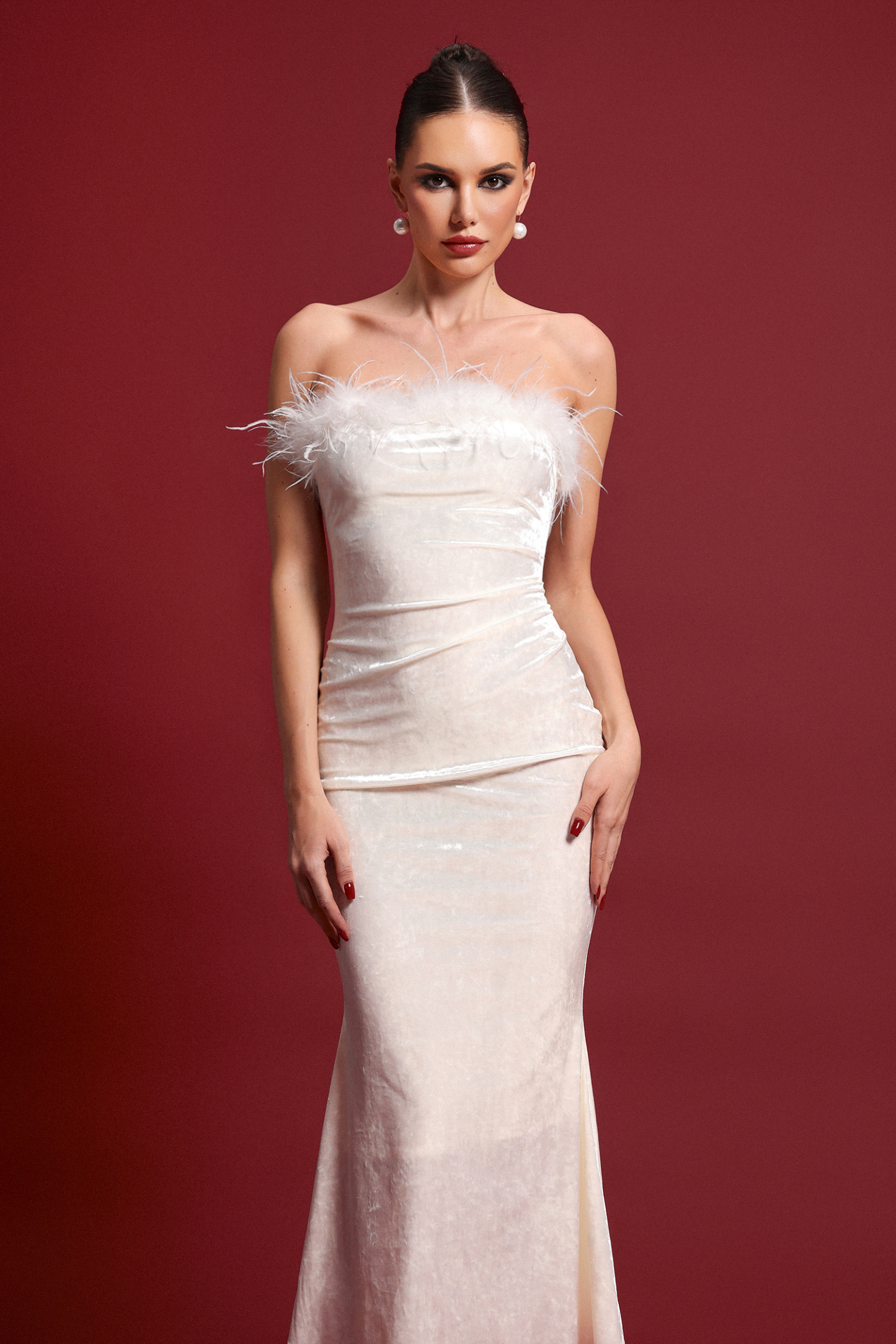 Fala Glamorous Contour Strapless Ruched Feather Velvet Maxi Dress