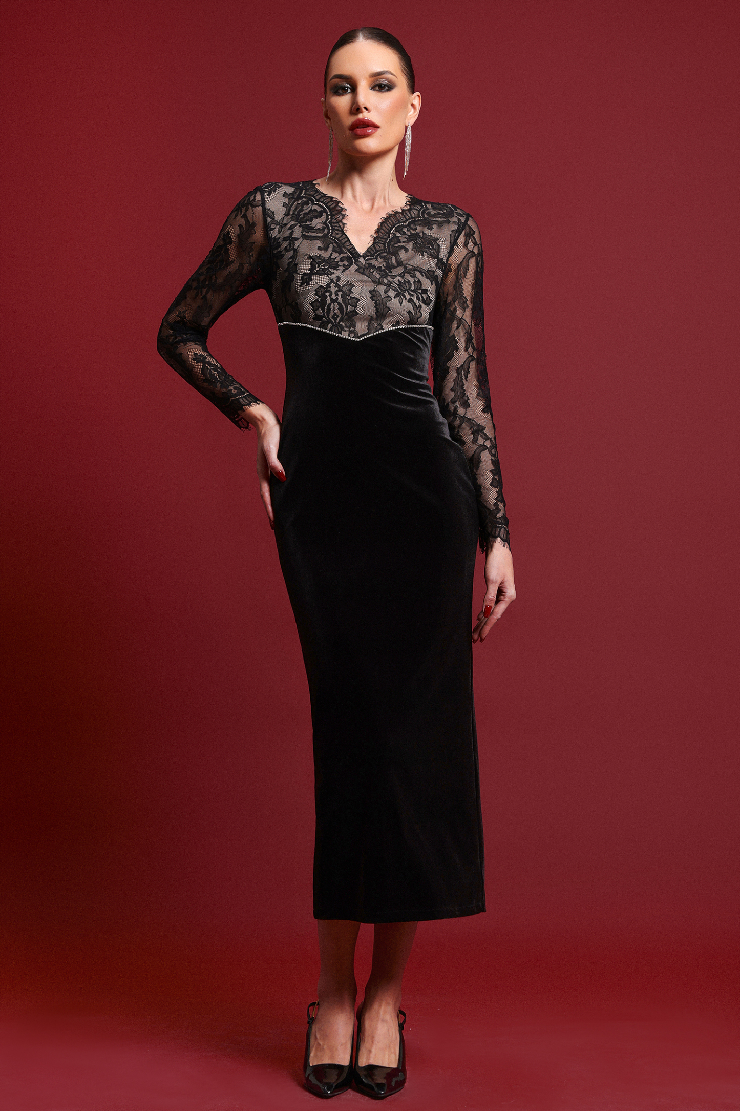 Lotta Sexy Contour V Neck Long Sleeve Lace Velvet Maxi Dress