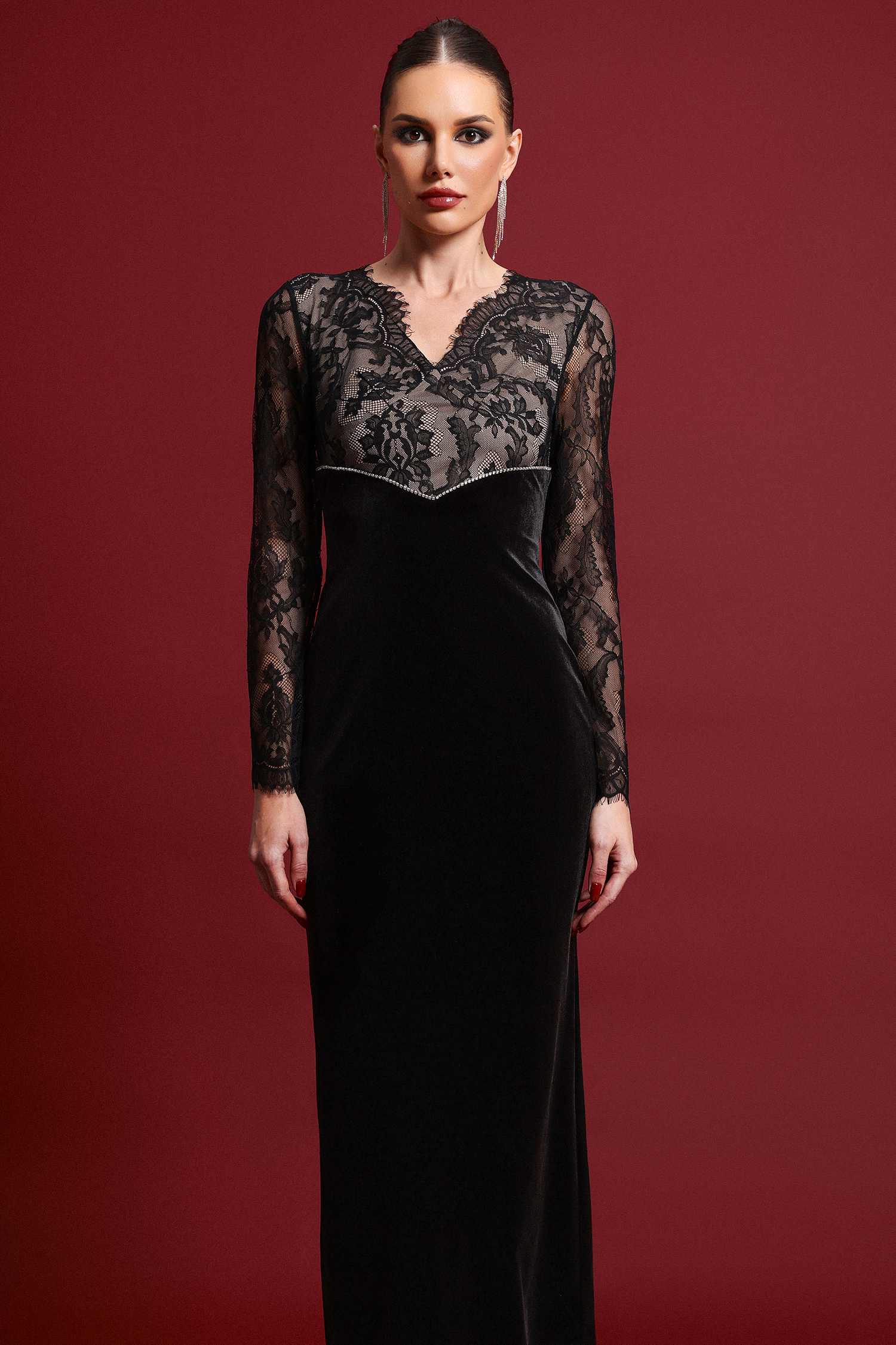 Lotta Sexy Contour V Neck Long Sleeve Lace Velvet Maxi Dress