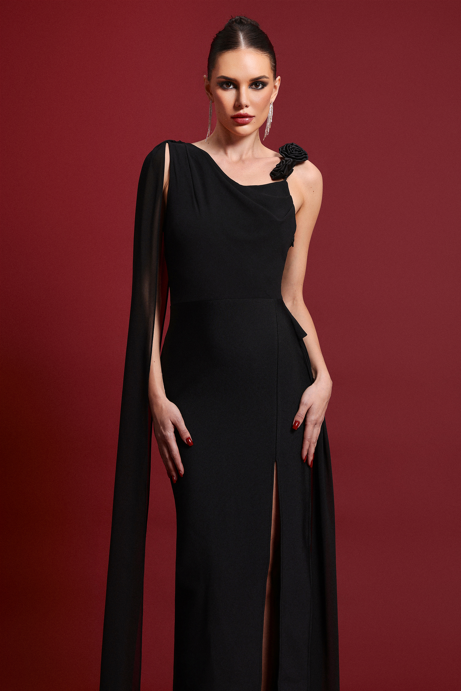 Liviya Elegant Contour Cowl Neck Asymmetrical Bandage Maxi Dress