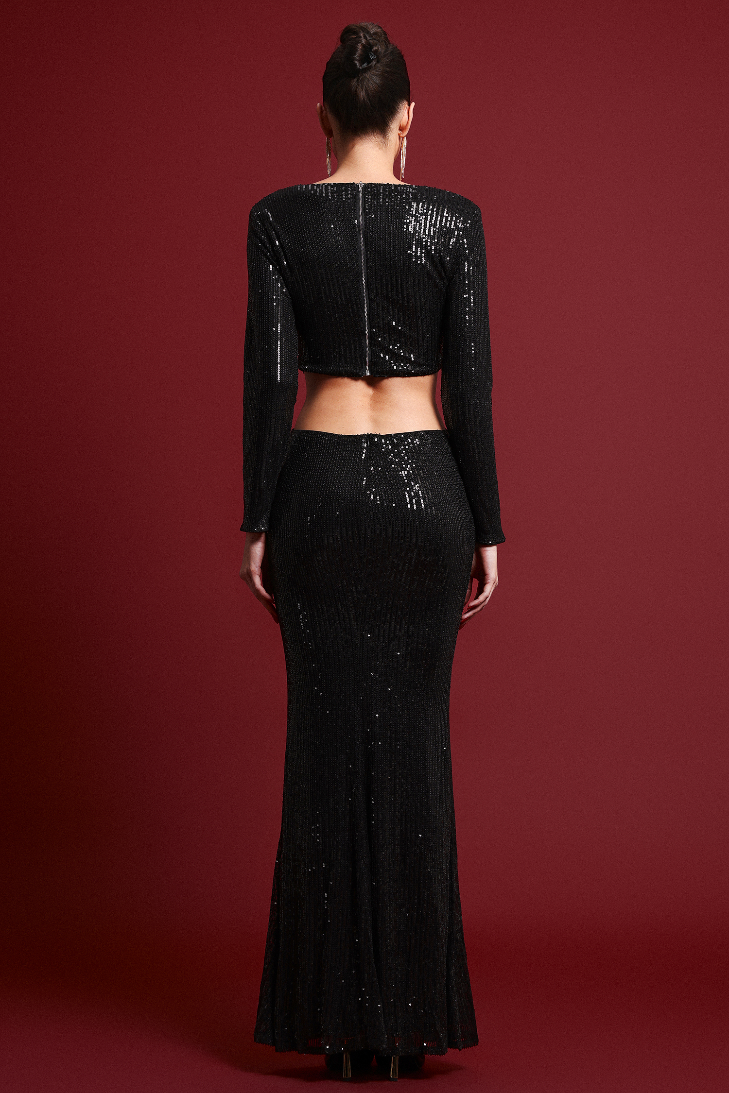 Trudie Sexy Contour Long Sleeve Cut Out Sequin Maxi Dress