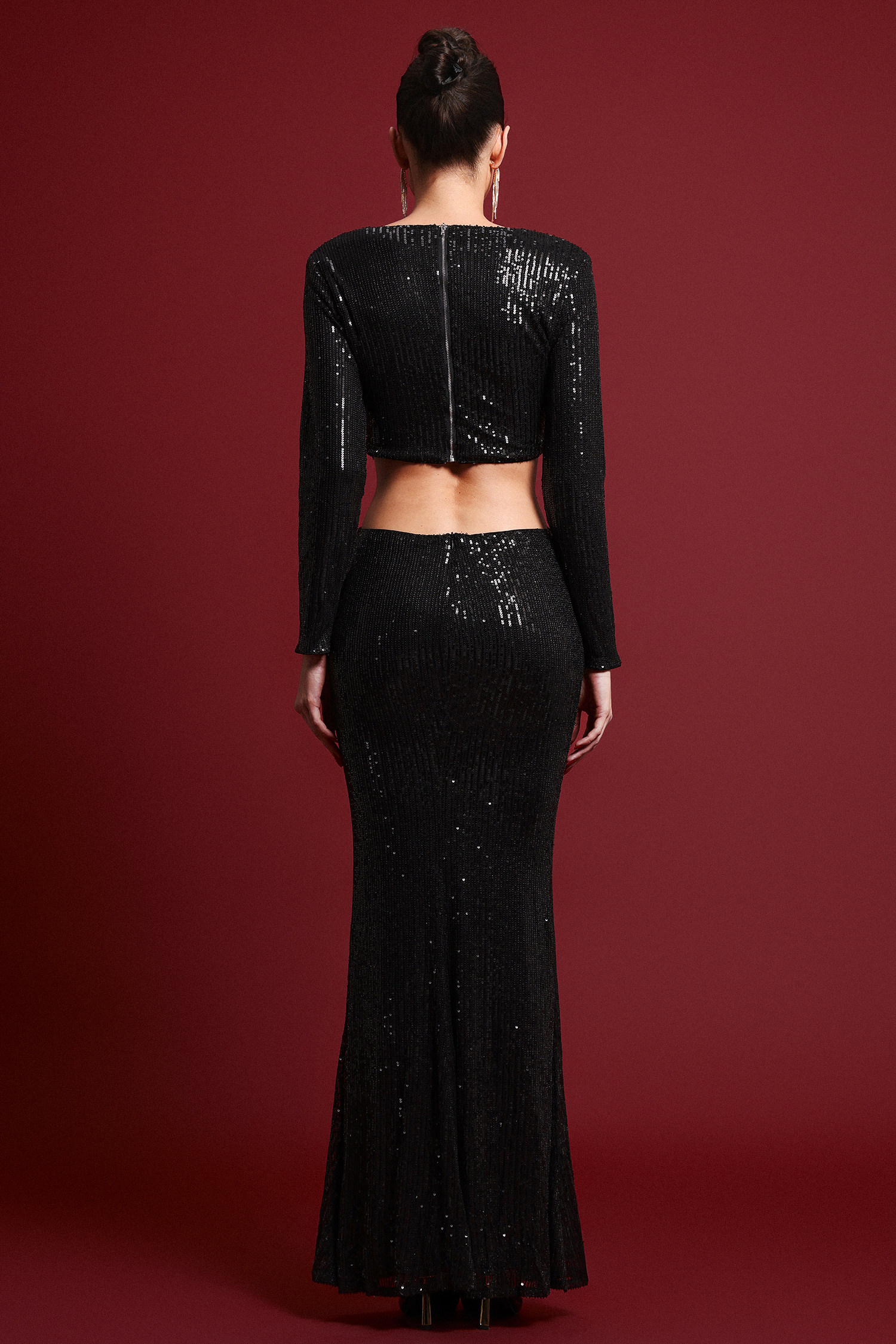 Trudie Sexy Contour Long Sleeve Cut Out Sequin Maxi Dress