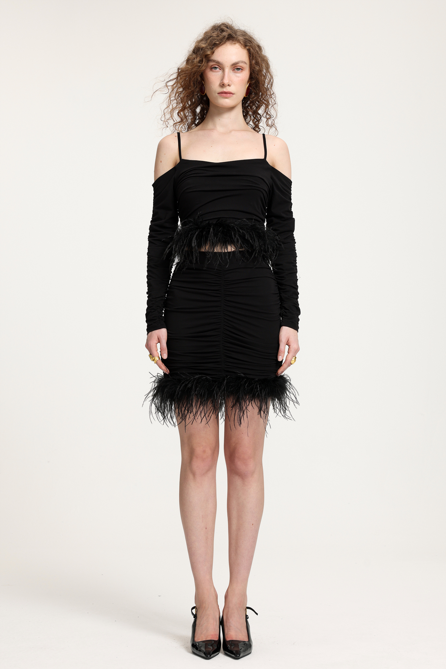 Feather-Trimmed Ruched Off-Shoulder Jersey Set