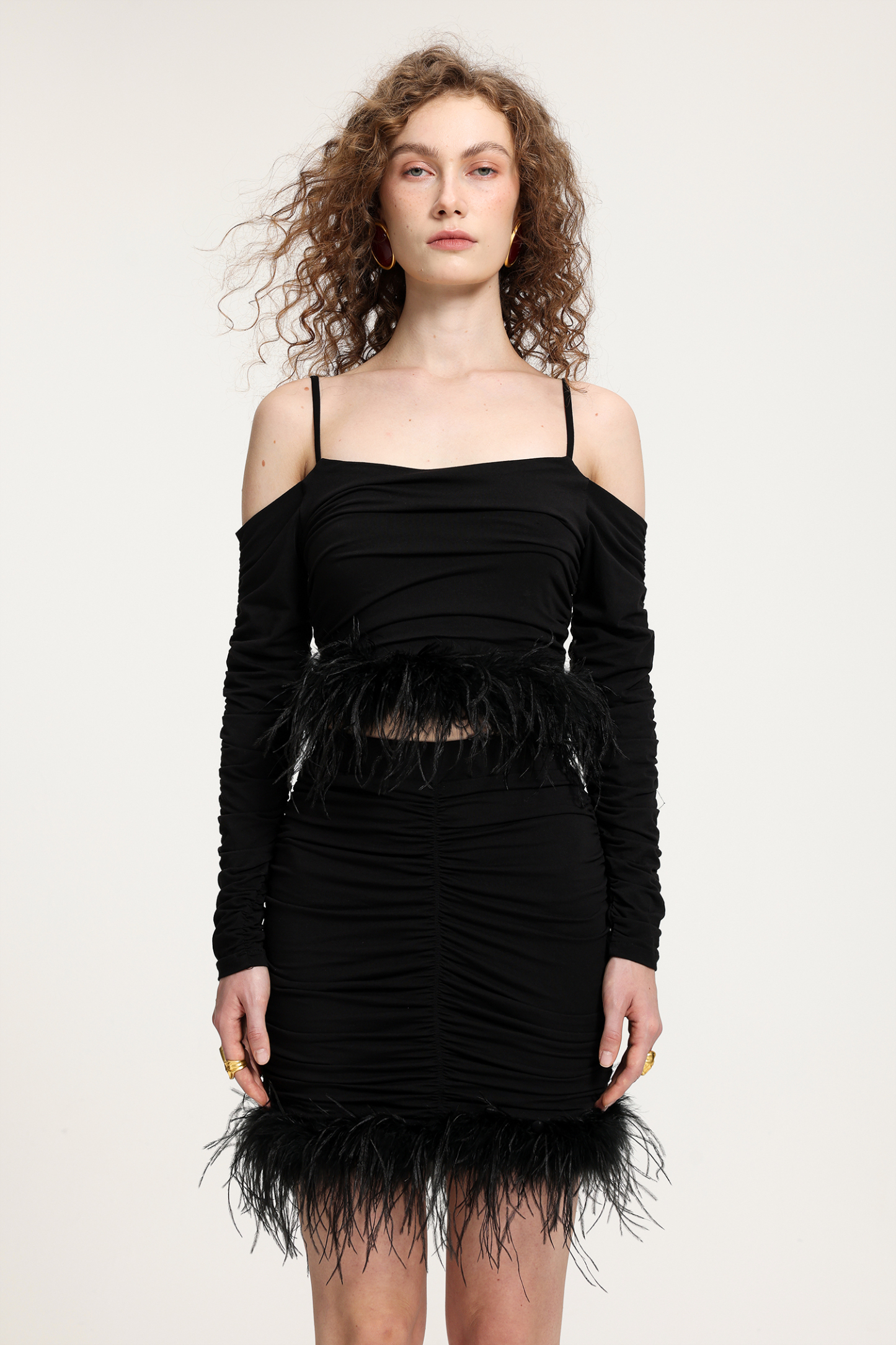 Feather-Trimmed Ruched Off-Shoulder Jersey Set