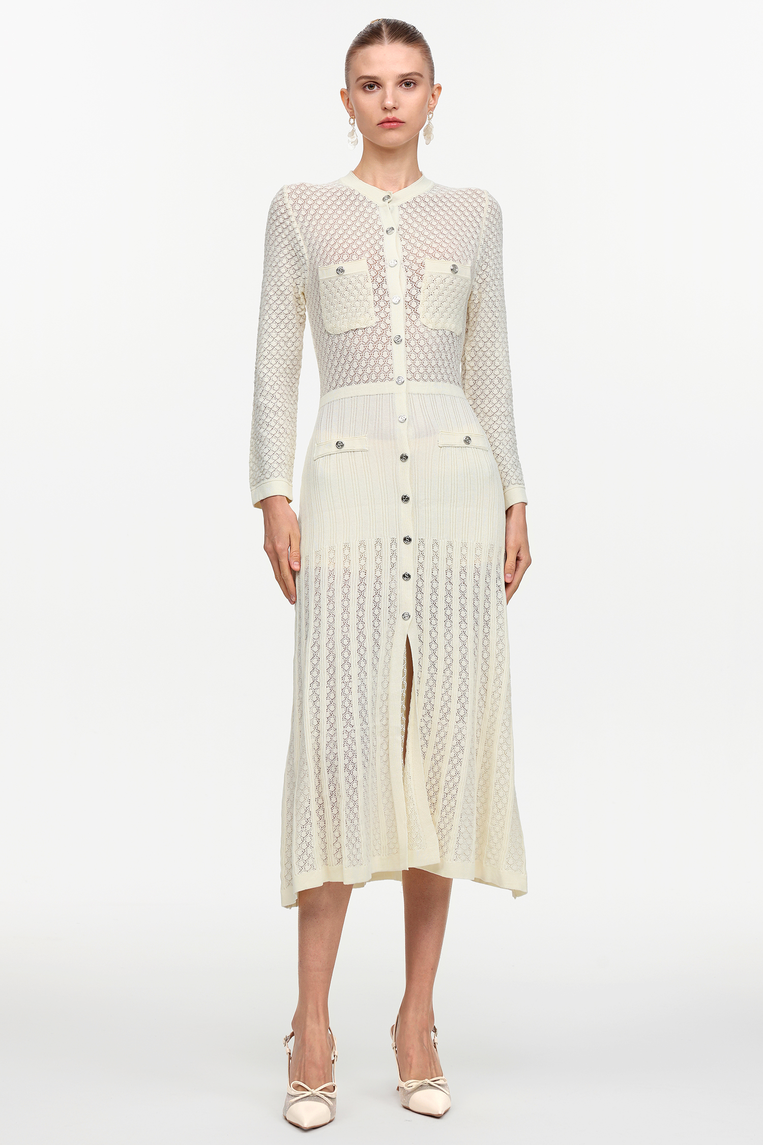 Klore Elegant Contour Round Neck Long Sleeve Knit Maxi Dress