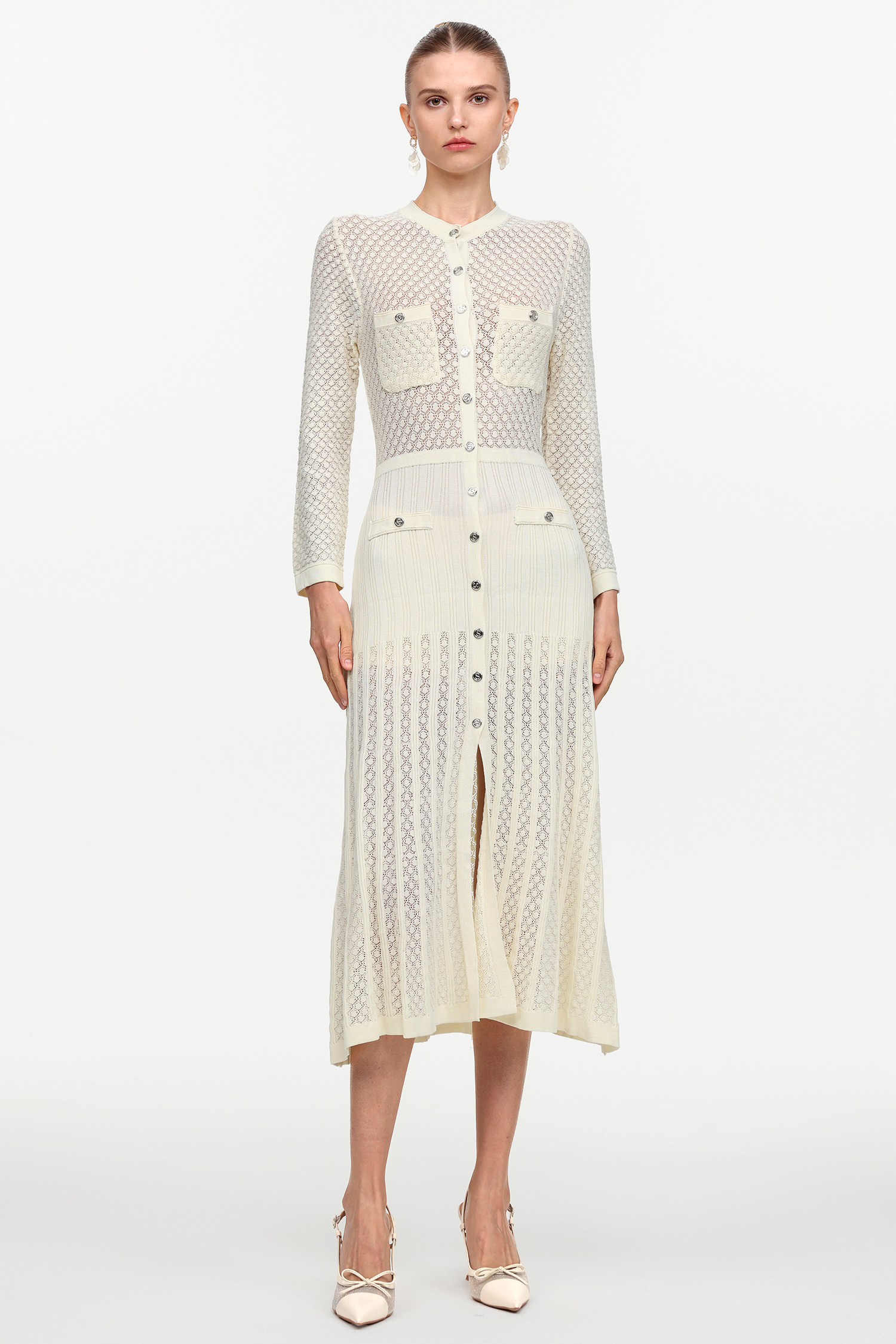 Klore Elegant Contour Round Neck Long Sleeve Knit Maxi Dress