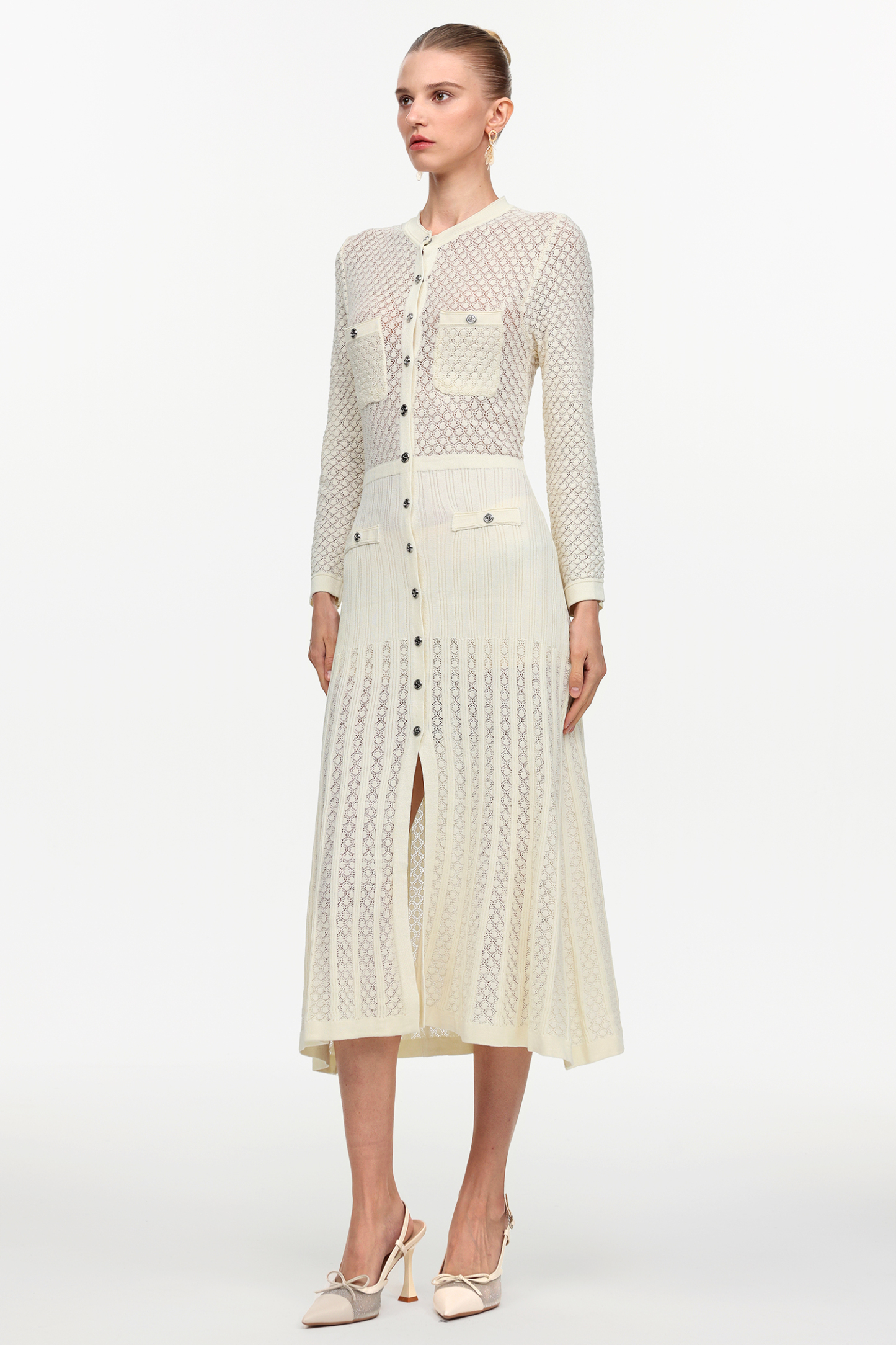 Klore Elegant Contour Round Neck Long Sleeve Knit Maxi Dress