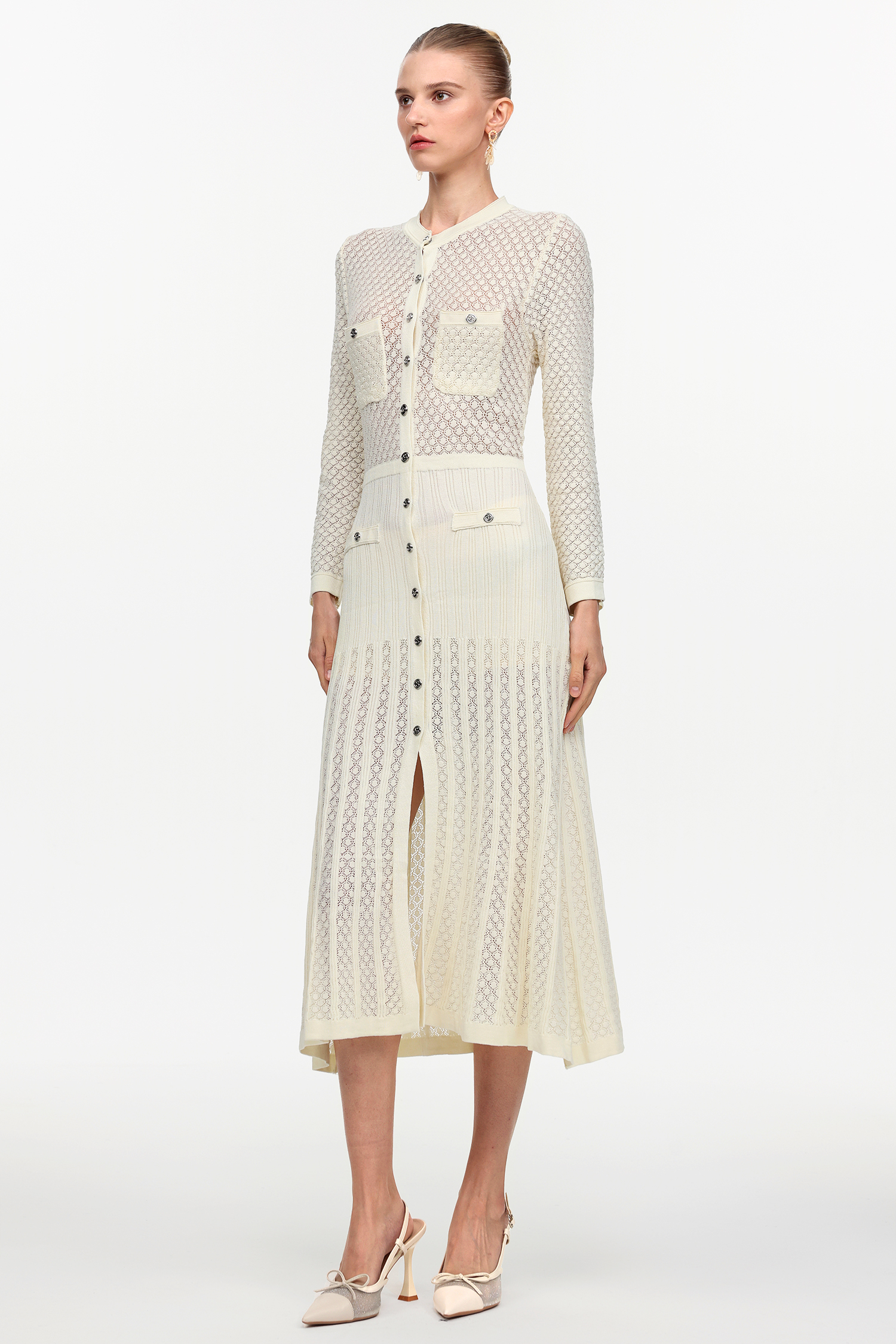 Klore Elegant Contour Round Neck Long Sleeve Knit Maxi Dress