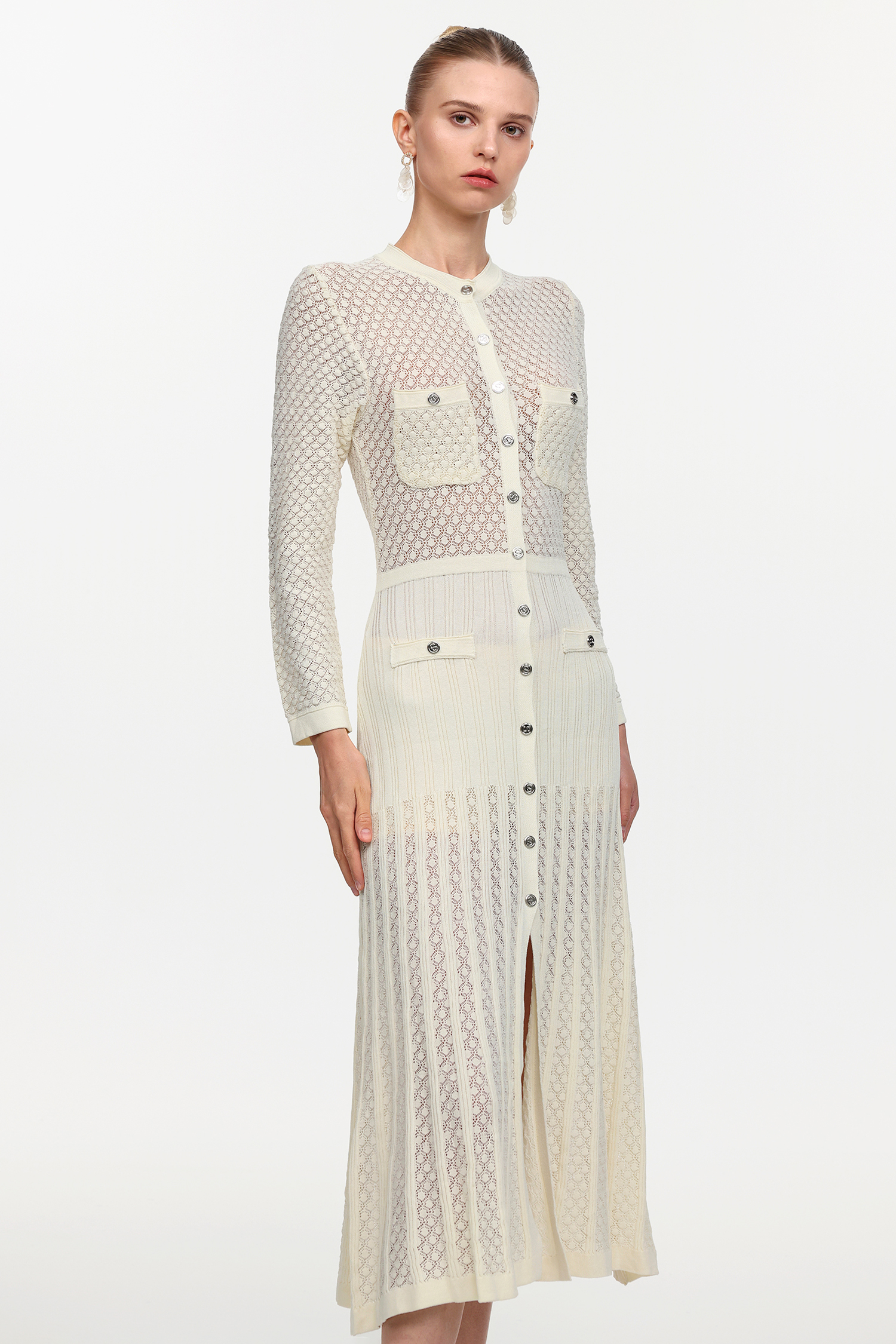 Klore Elegant Contour Round Neck Long Sleeve Knit Maxi Dress