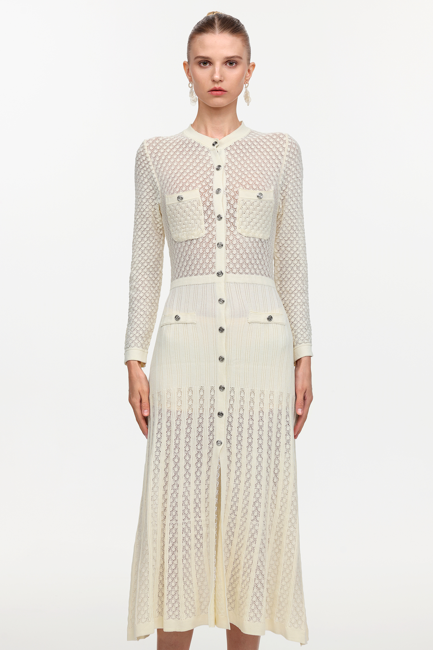 Klore Elegant Contour Round Neck Long Sleeve Knit Maxi Dress