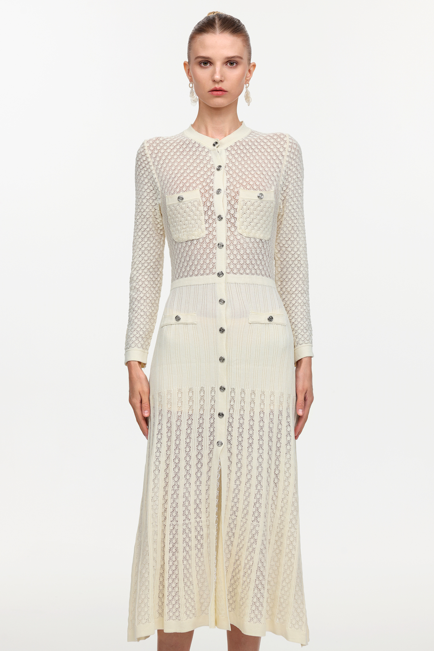 Klore Elegant Contour Round Neck Long Sleeve Knit Maxi Dress