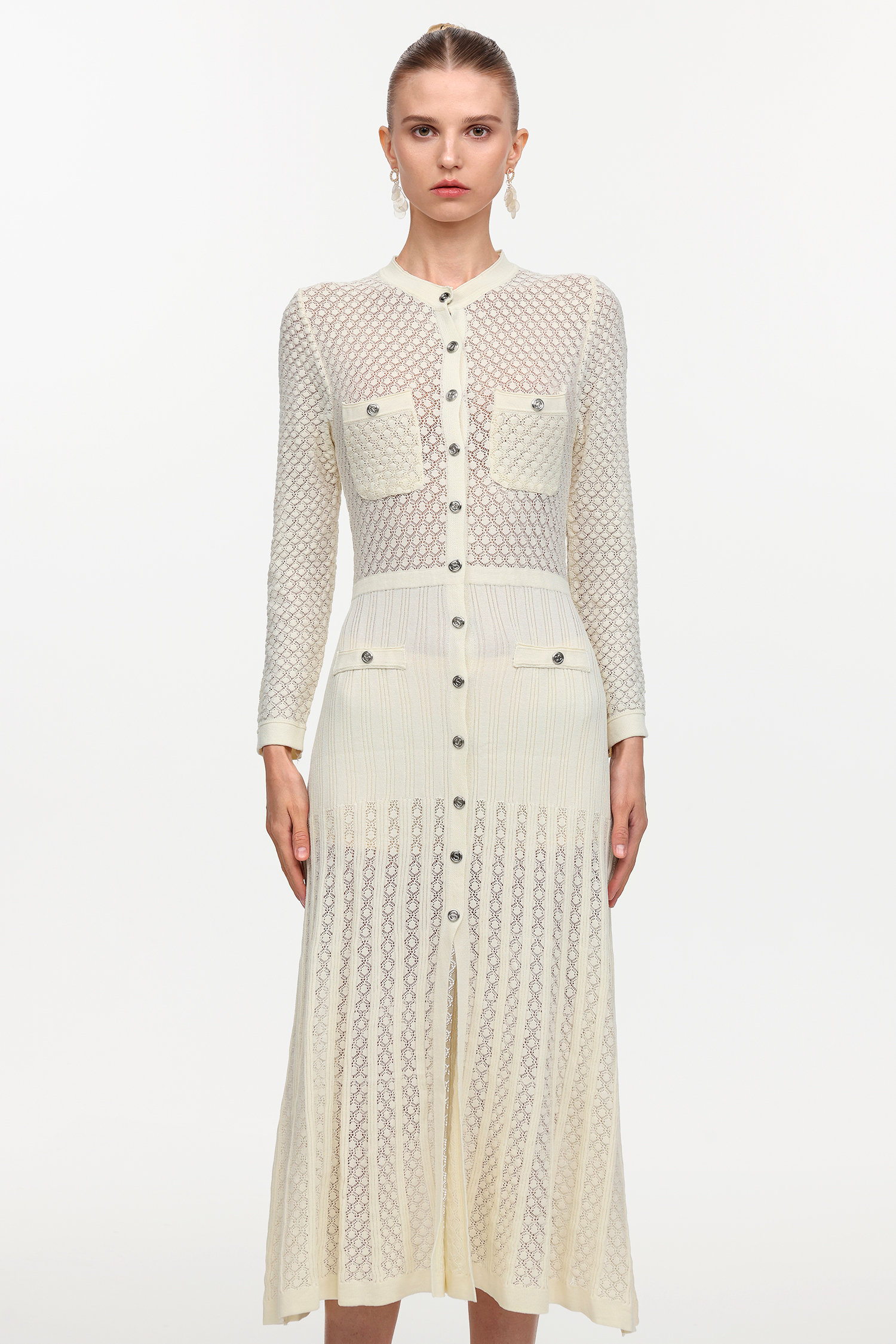 Klore Elegant Contour Round Neck Long Sleeve Knit Maxi Dress