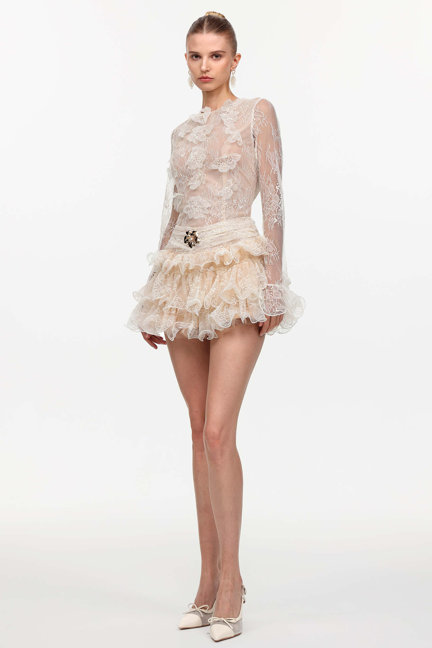 Zuly Romantic Flowy Long Sleeve Falbala Lace Mini Dress