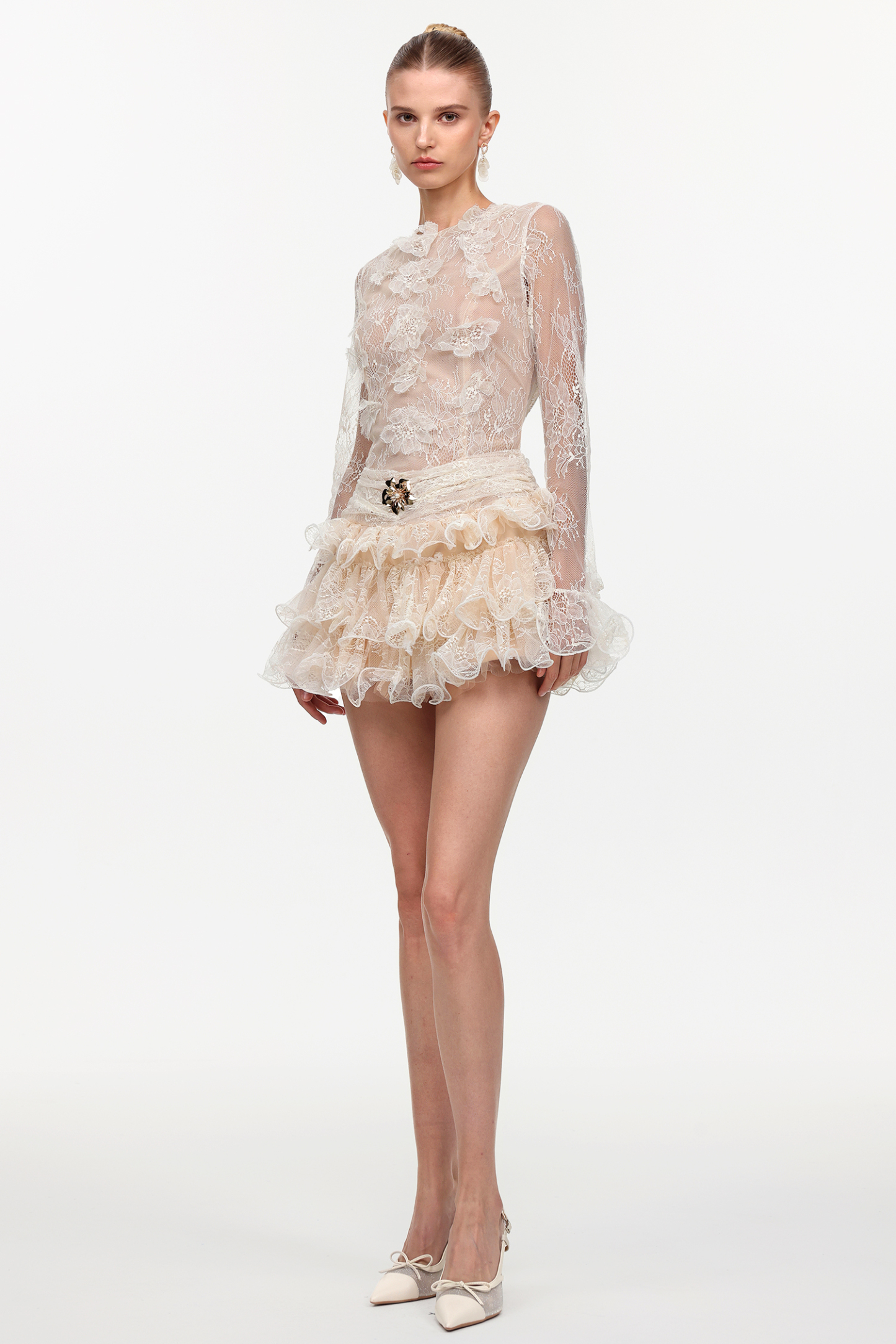 Zuly Romantic Flowy Long Sleeve Falbala Lace Mini Dress