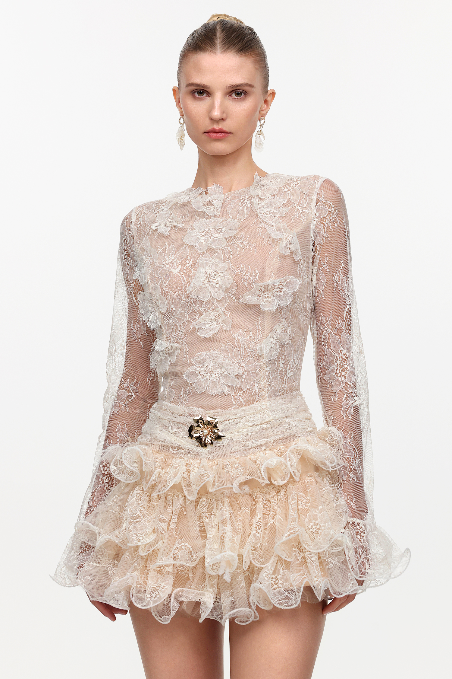 Zuly Romantic Flowy Long Sleeve Falbala Lace Mini Dress