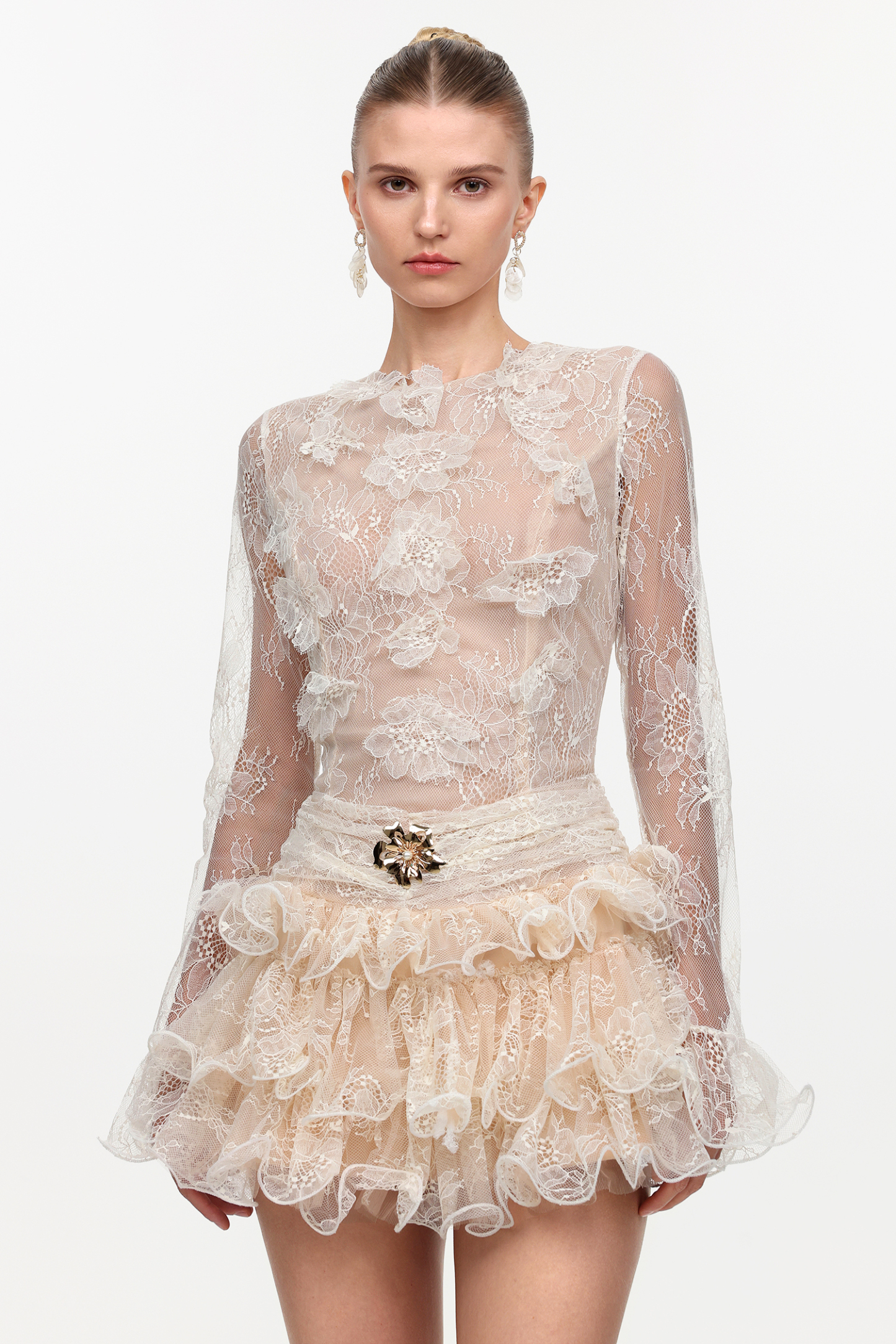 Zuly Romantic Flowy Long Sleeve Falbala Lace Mini Dress