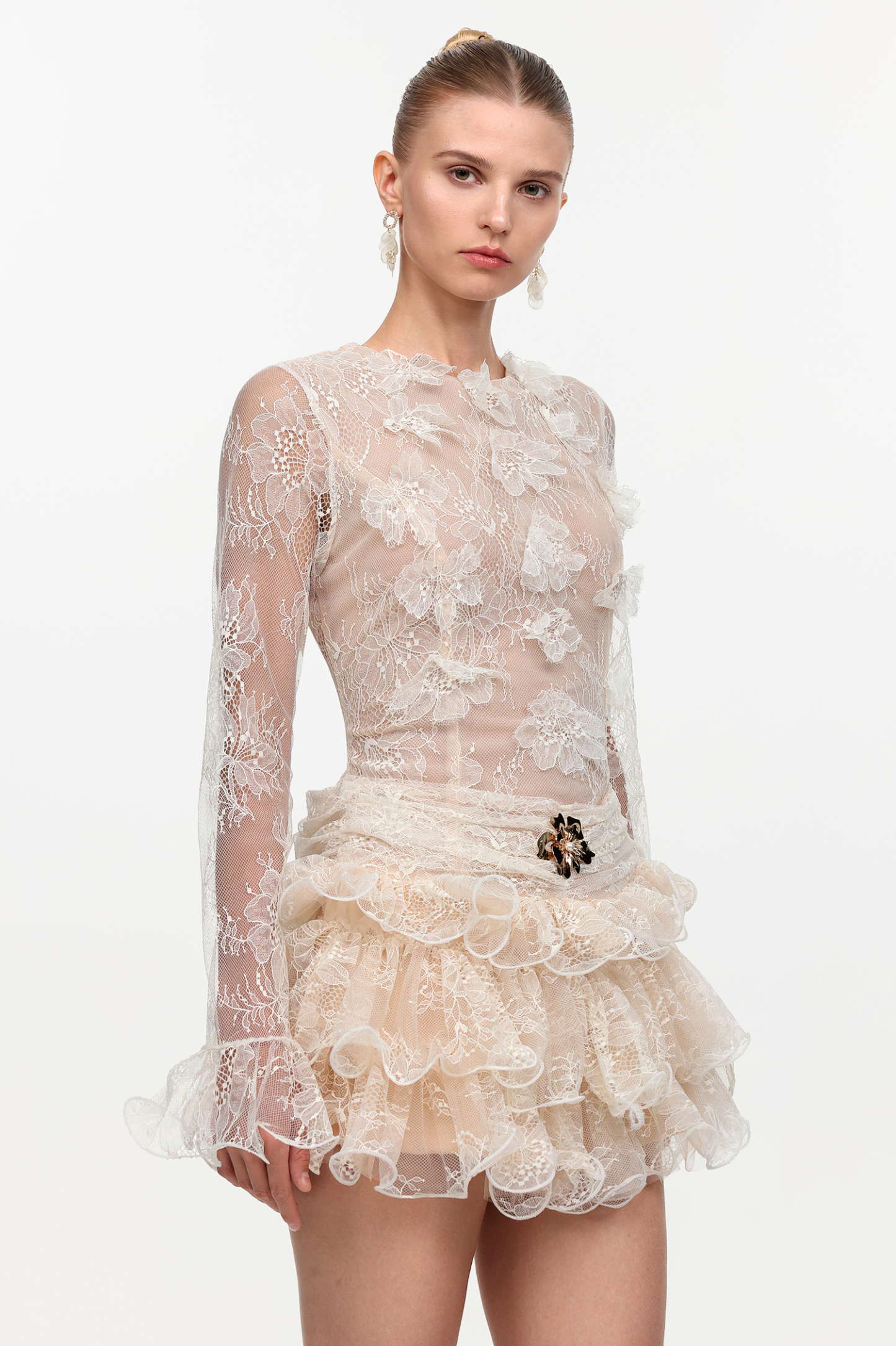 Zuly Romantic Flowy Long Sleeve Falbala Lace Mini Dress