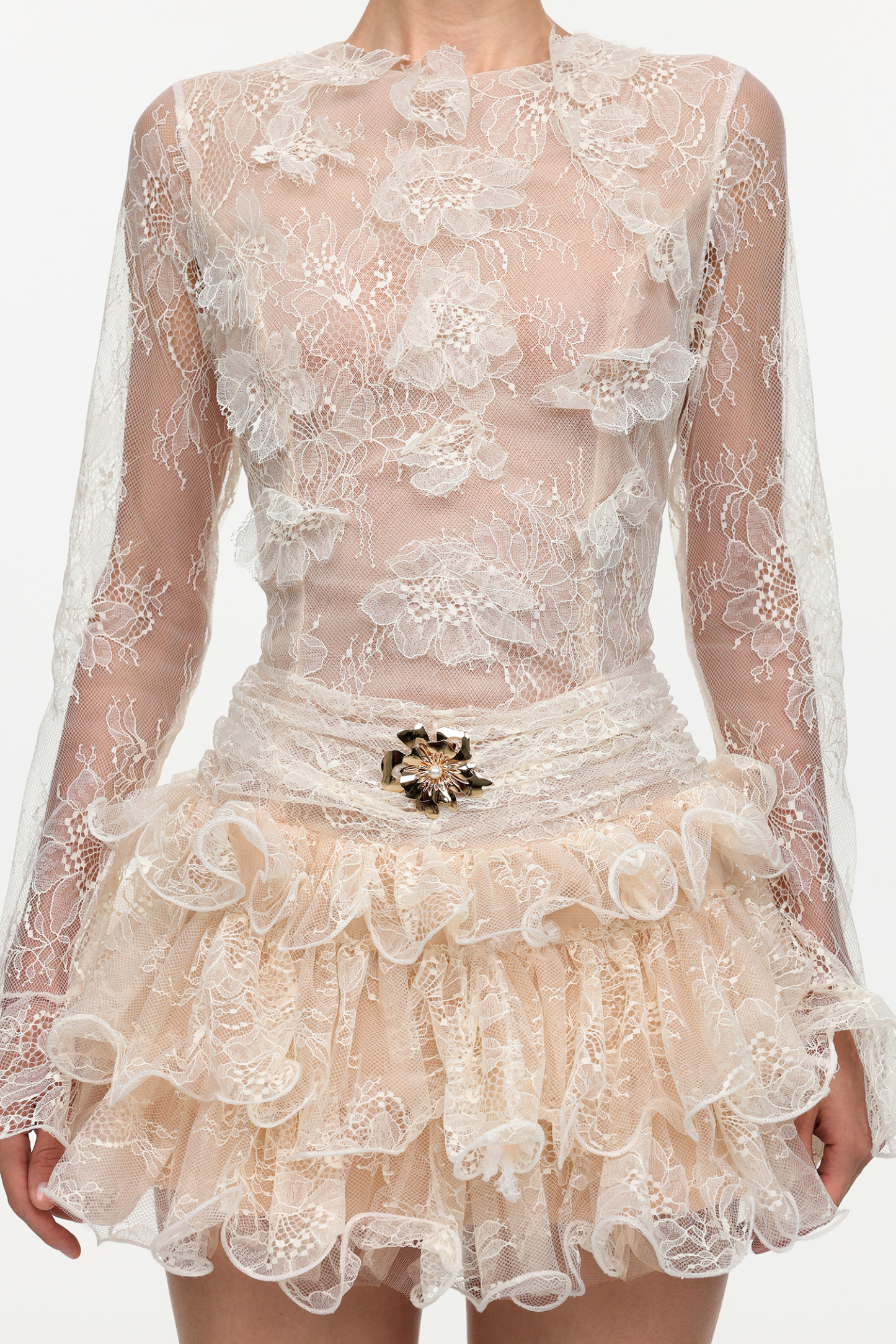 Zuly Romantic Flowy Long Sleeve Falbala Lace Mini Dress