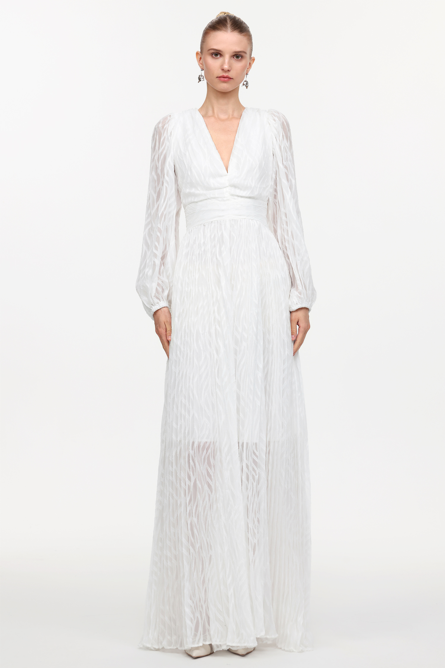 Loretta Resort Flowy V-Neck Long Sleeve Ruched Woven Maxi Dress