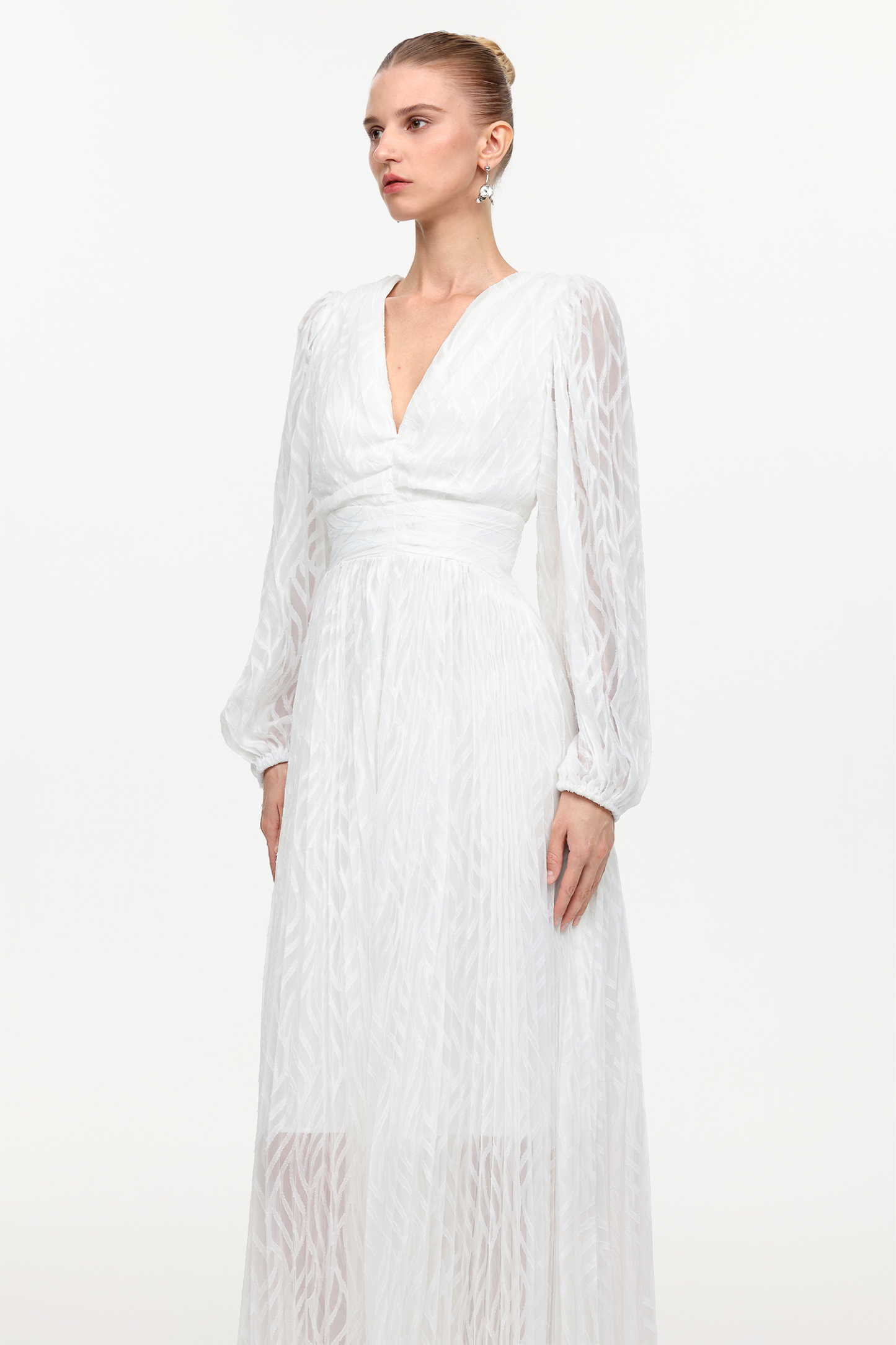 Loretta Resort Flowy V-Neck Long Sleeve Ruched Woven Maxi Dress