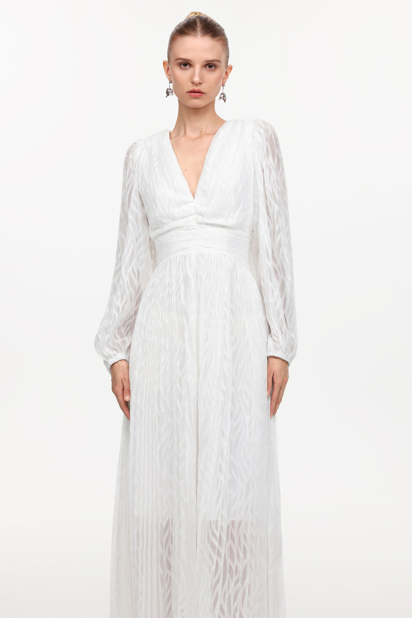 Loretta Resort Flowy V-Neck Long Sleeve Ruched Woven Maxi Dress