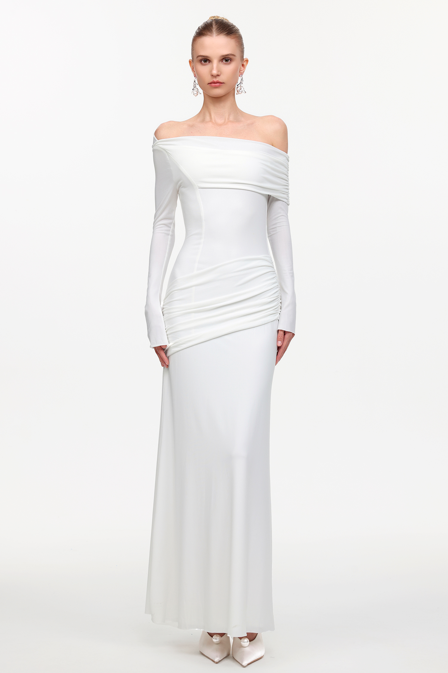 Fakula Elegant Contour Off Shoulder Long Sleeve Ruched Knit Maxi Dress