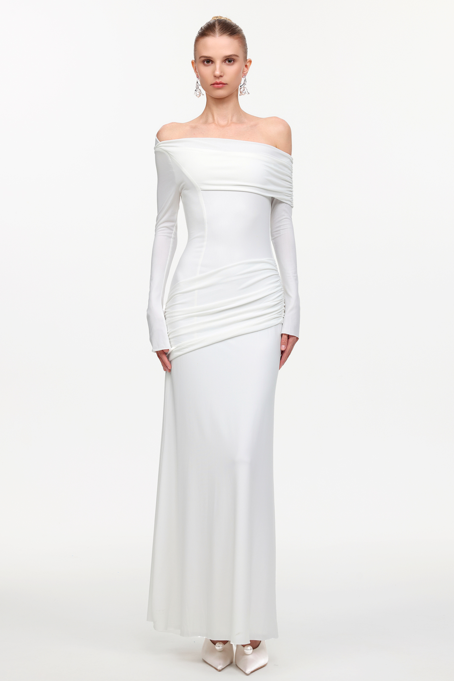 Fakula Elegant Contour Off Shoulder Long Sleeve Ruched Knit Maxi Dress