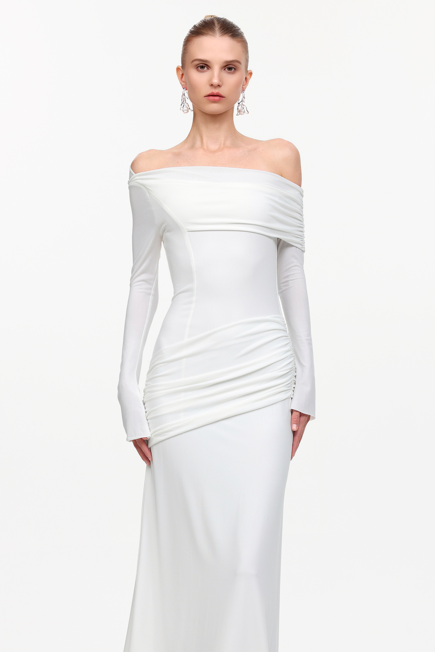 Fakula Elegant Contour Off Shoulder Long Sleeve Ruched Knit Maxi Dress