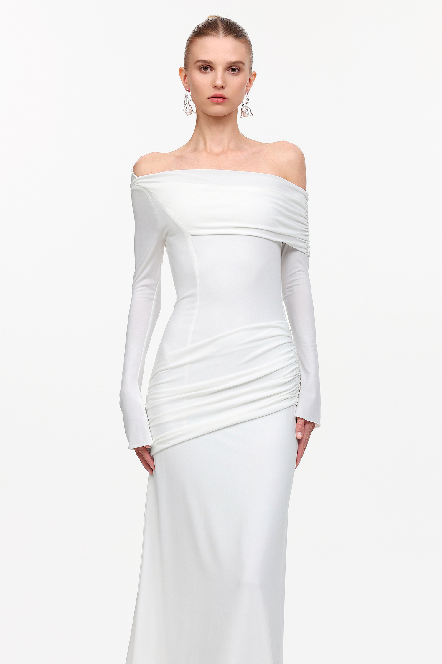 Fakula Elegant Contour Off Shoulder Long Sleeve Ruched Knit Maxi Dress