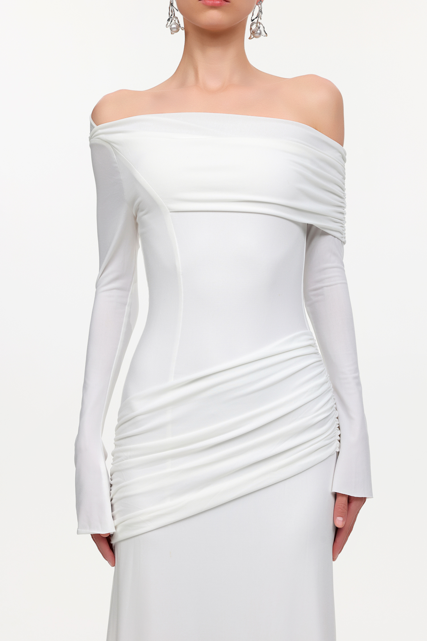 Fakula Elegant Contour Off Shoulder Long Sleeve Ruched Knit Maxi Dress