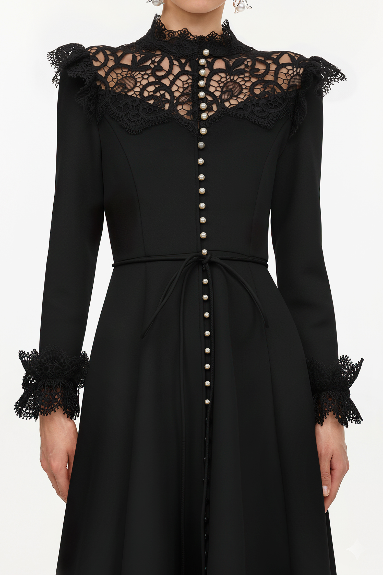 Eudora Romantic Flowy Long Sleeve Lace Woven Black Maxi Dress