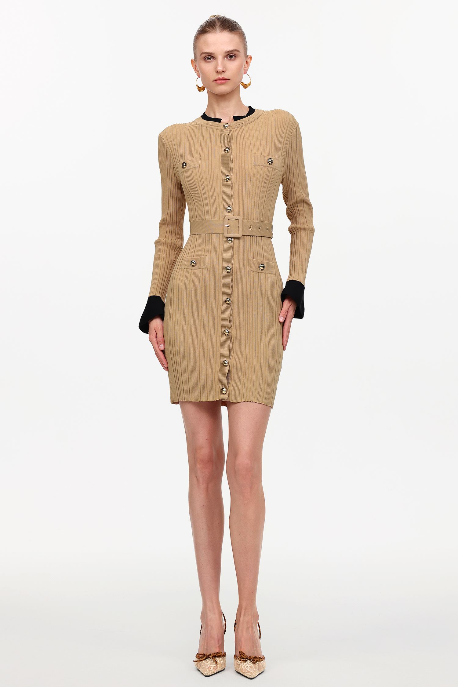 Silila Elegant Contour Round Neck Long Sleeve Knit Mini Dress