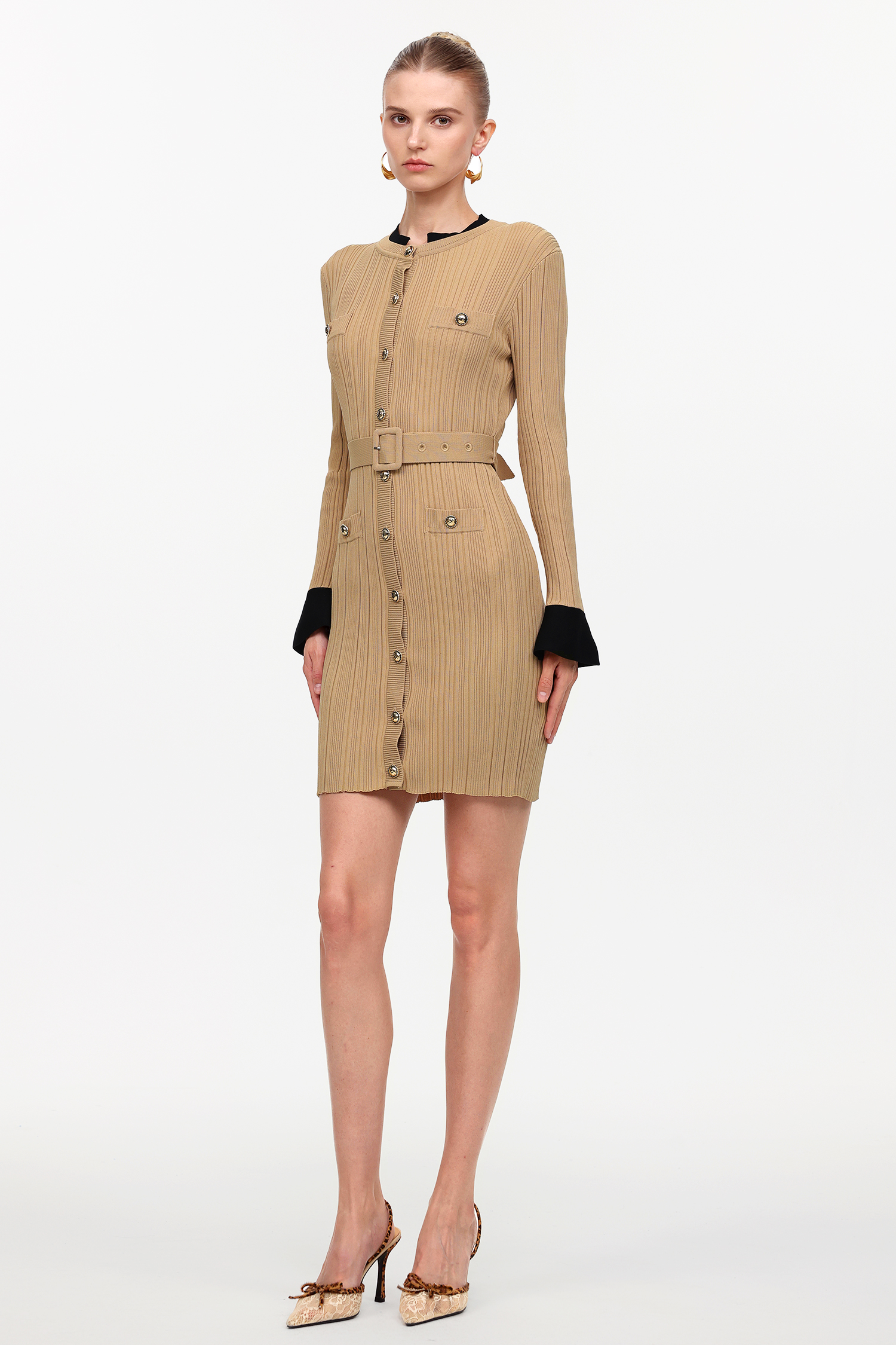 Silila Elegant Contour Round Neck Long Sleeve Knit Mini Dress