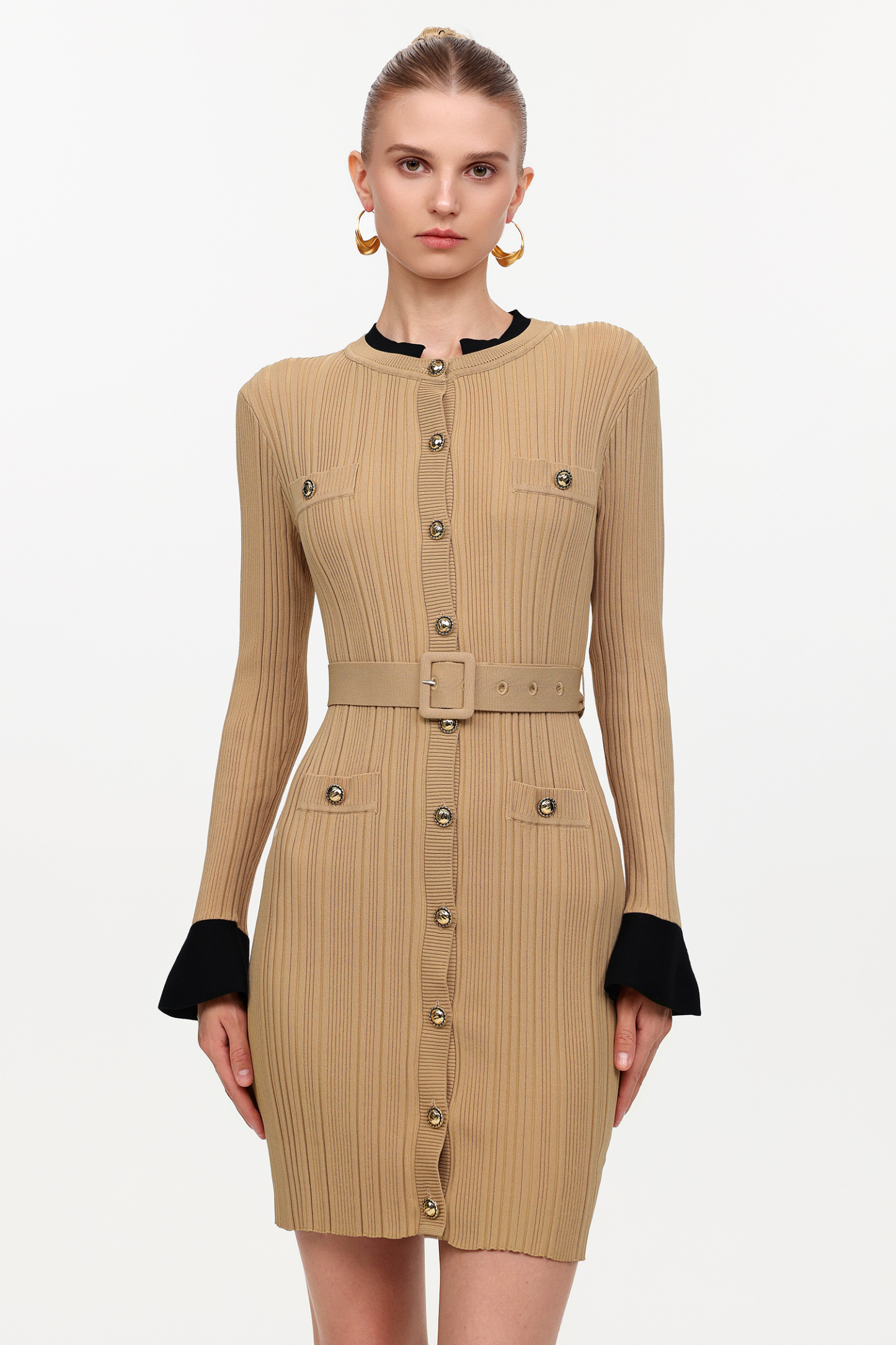 Silila Elegant Contour Round Neck Long Sleeve Knit Mini Dress