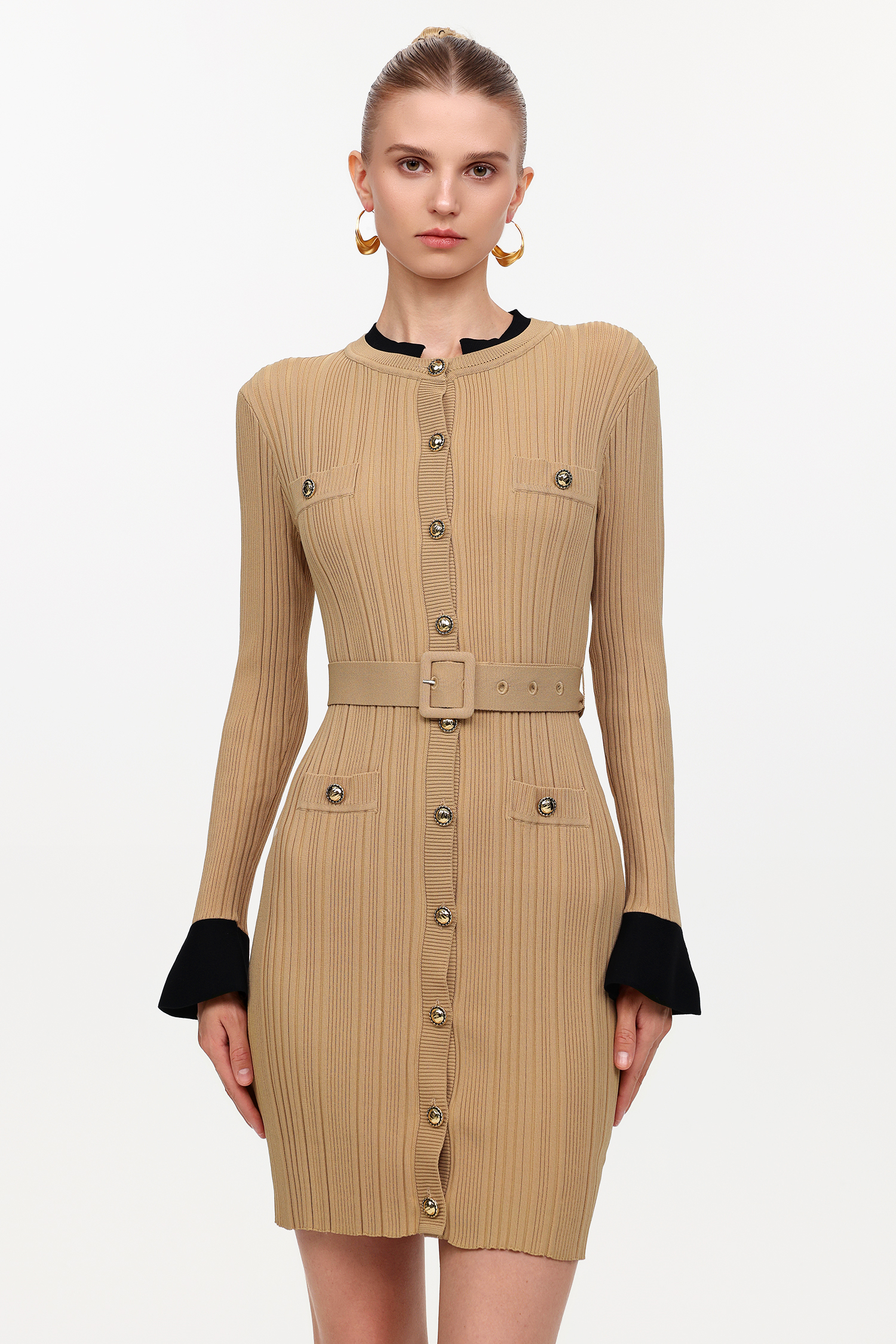 Silila Elegant Contour Round Neck Long Sleeve Knit Mini Dress