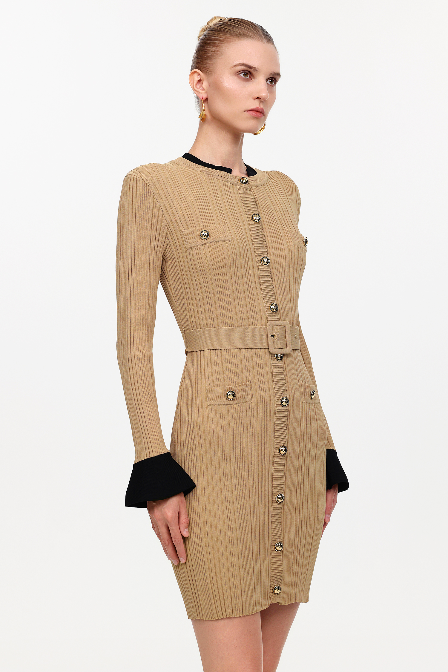 Silila Elegant Contour Round Neck Long Sleeve Knit Mini Dress