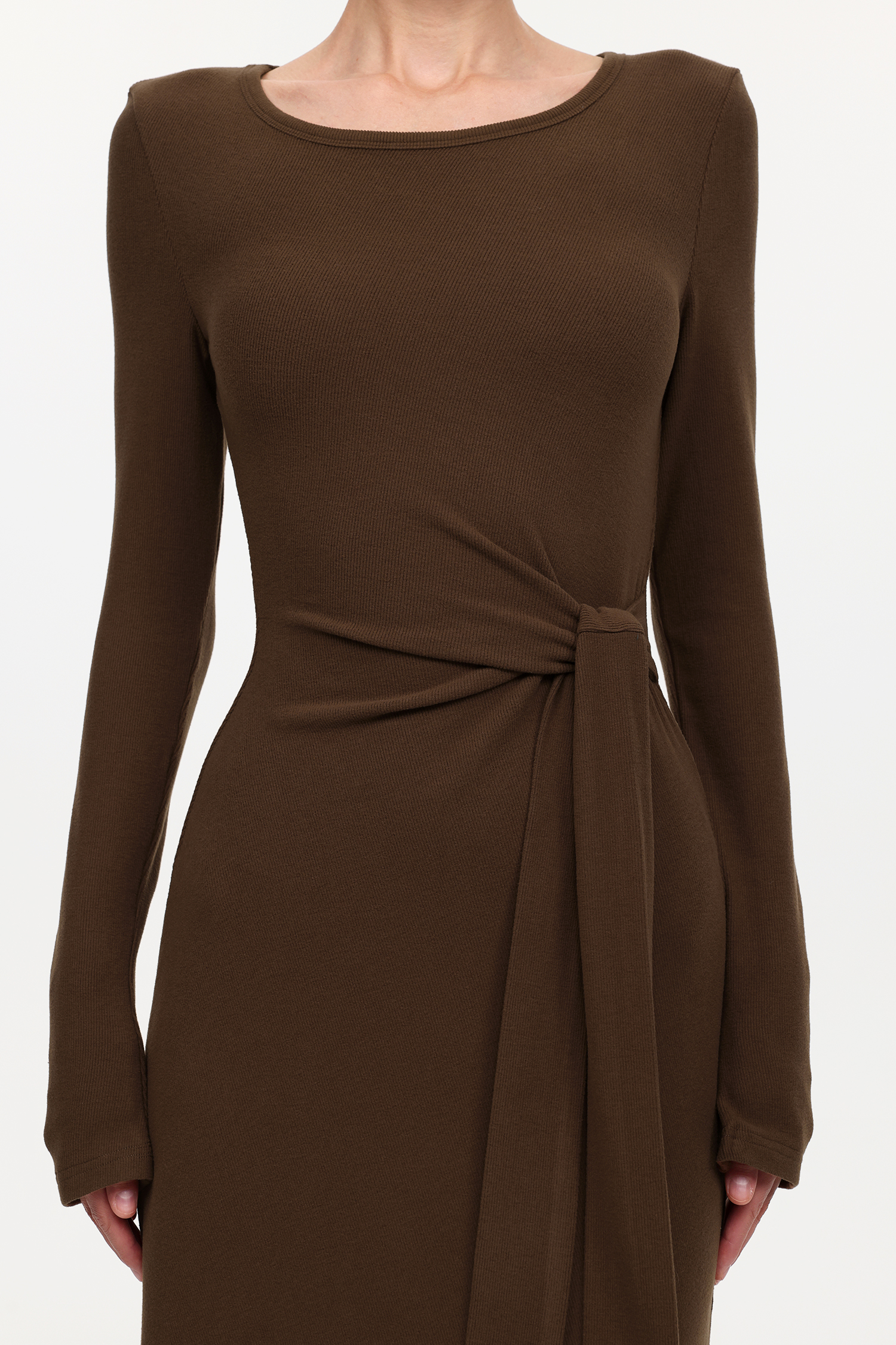 Felia Elegant Contour Round Neck Long Sleeve Knot Knit Maxi Dress