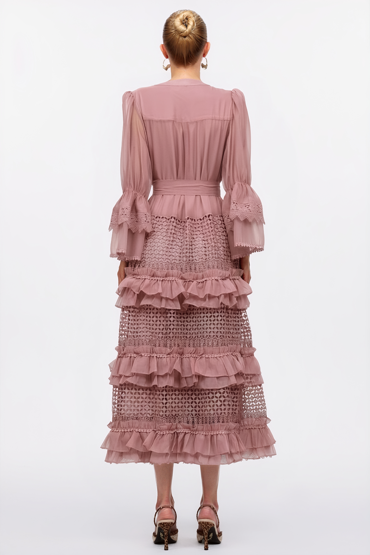 Hakula Resort Flowy Long Sleeve Falbala Pink Lace Woven Maxi Dress