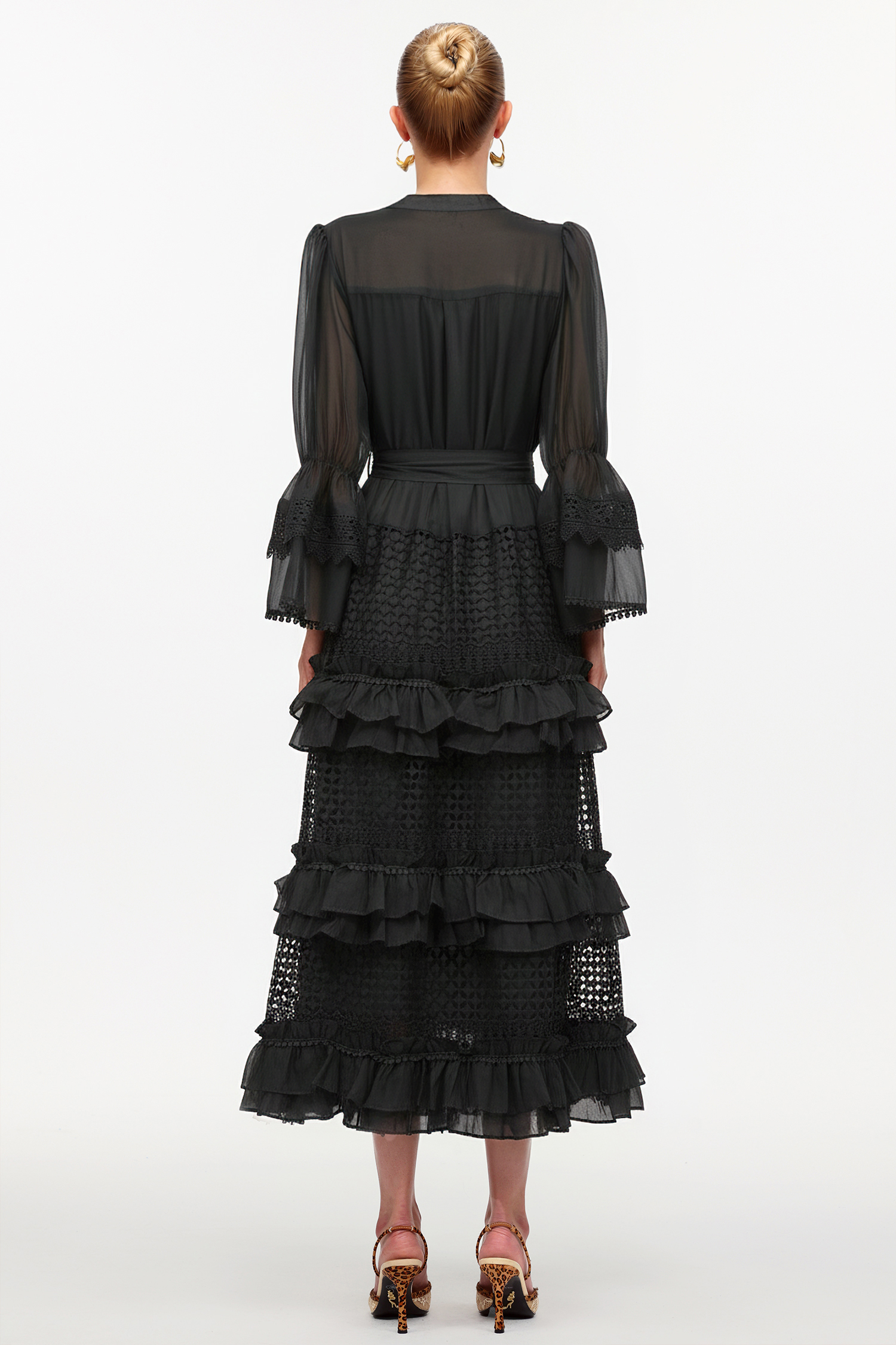 Hakula Resort Flowy Long Sleeve Falbala Black Lace Woven Maxi Dress