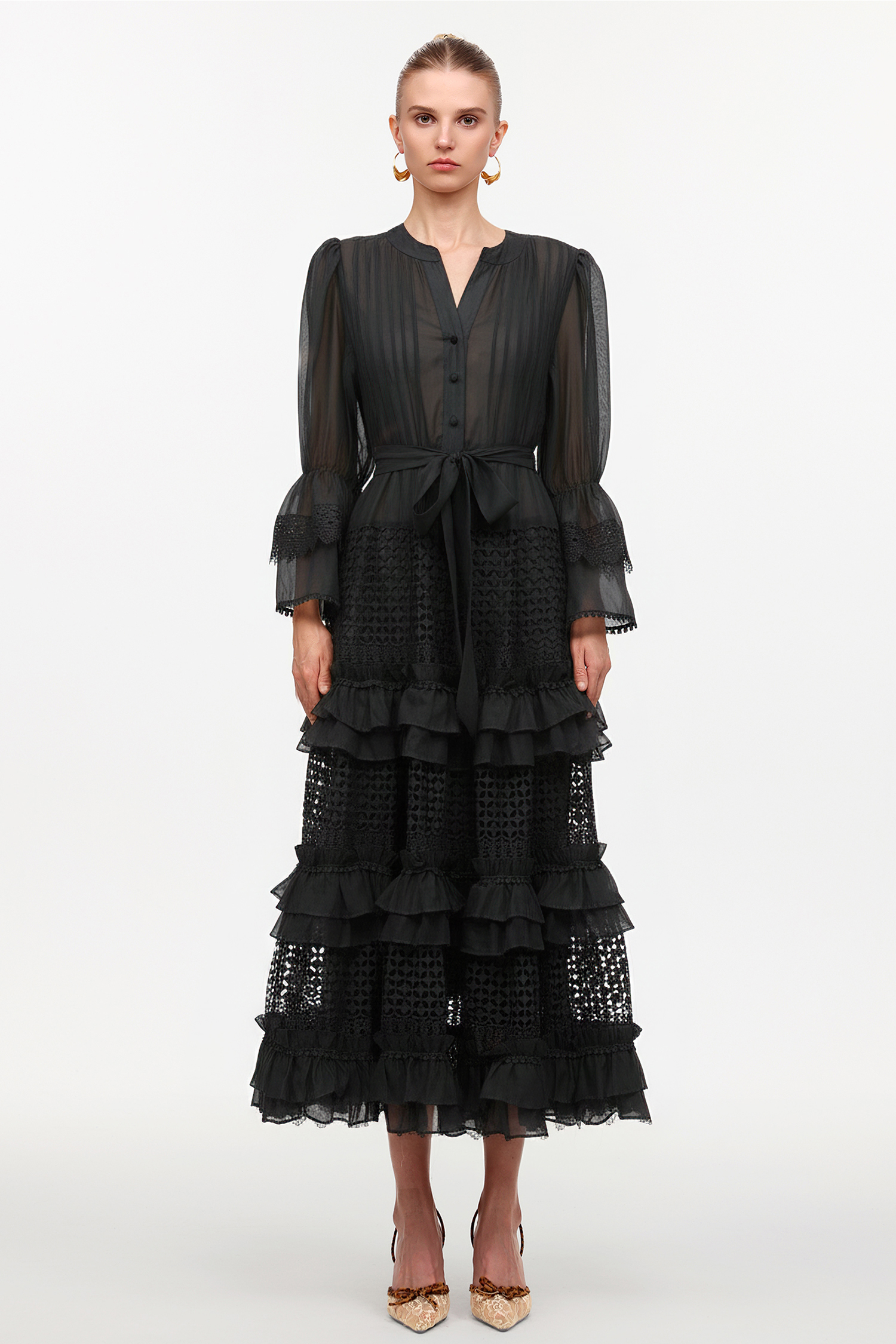 Hakula Resort Flowy Long Sleeve Falbala Black Lace Woven Maxi Dress