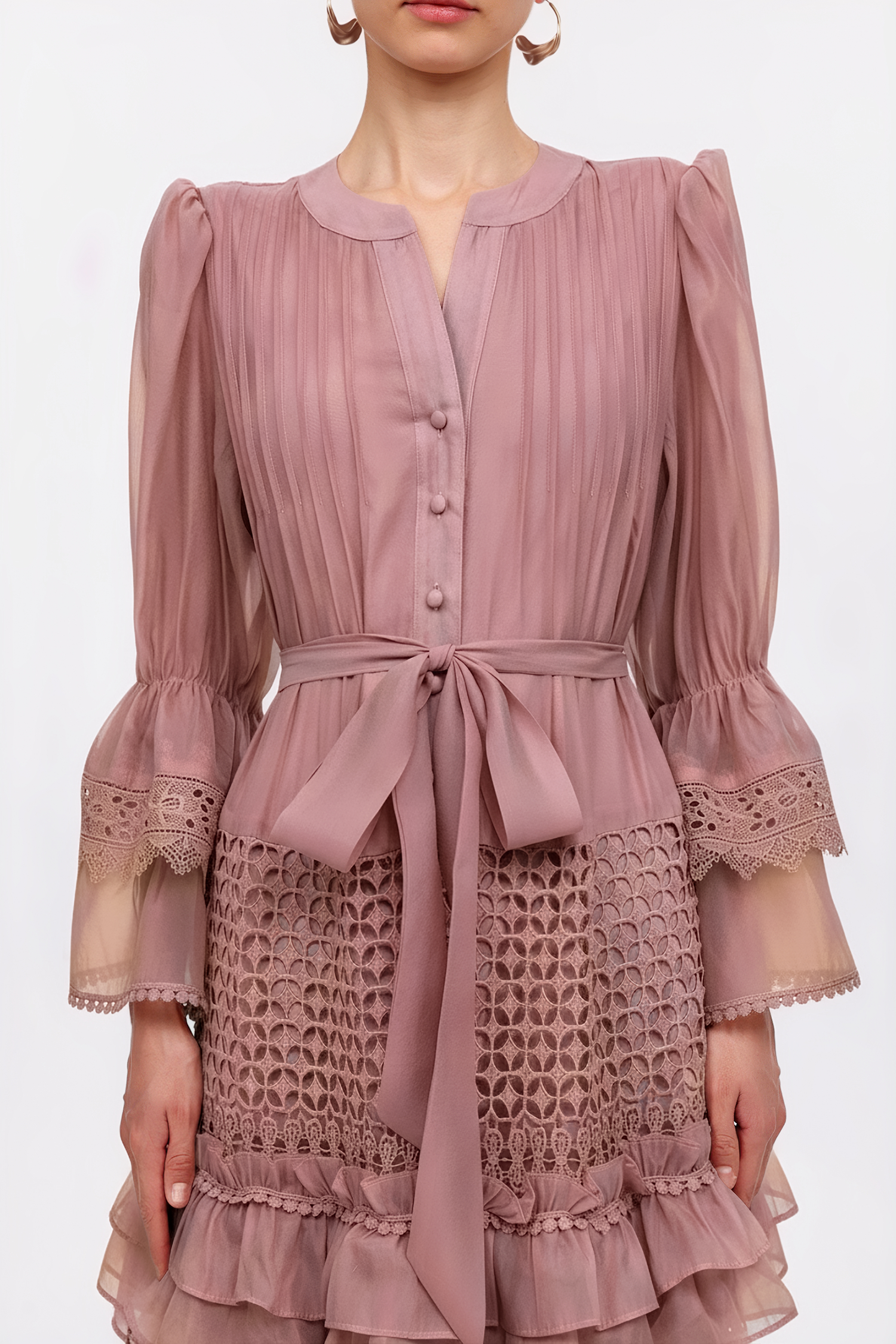 Hakula Resort Flowy Long Sleeve Falbala Pink Lace Woven Maxi Dress