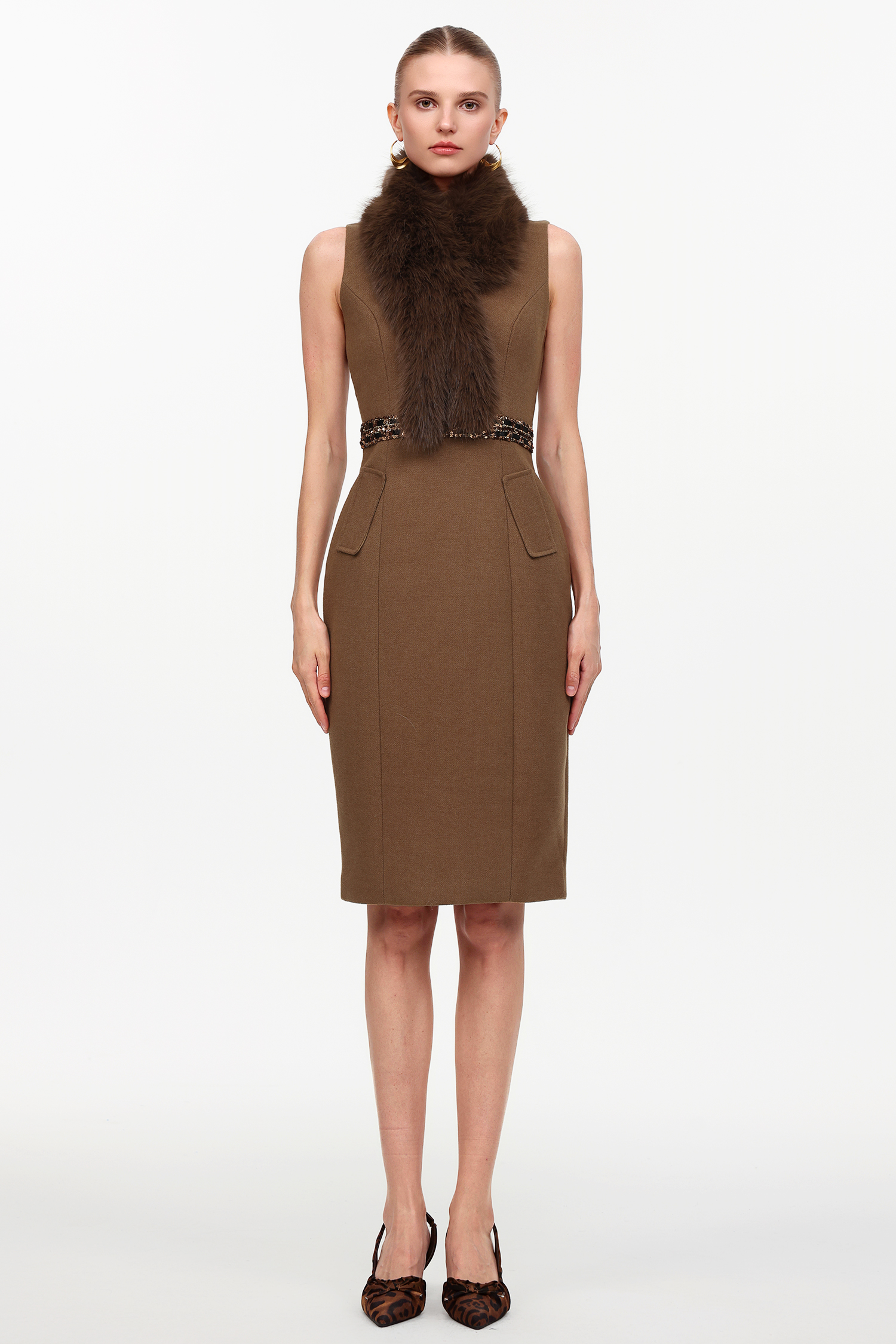 Erise Elegant Tailored Sleeveless Faux Fur Woven Midi Dress