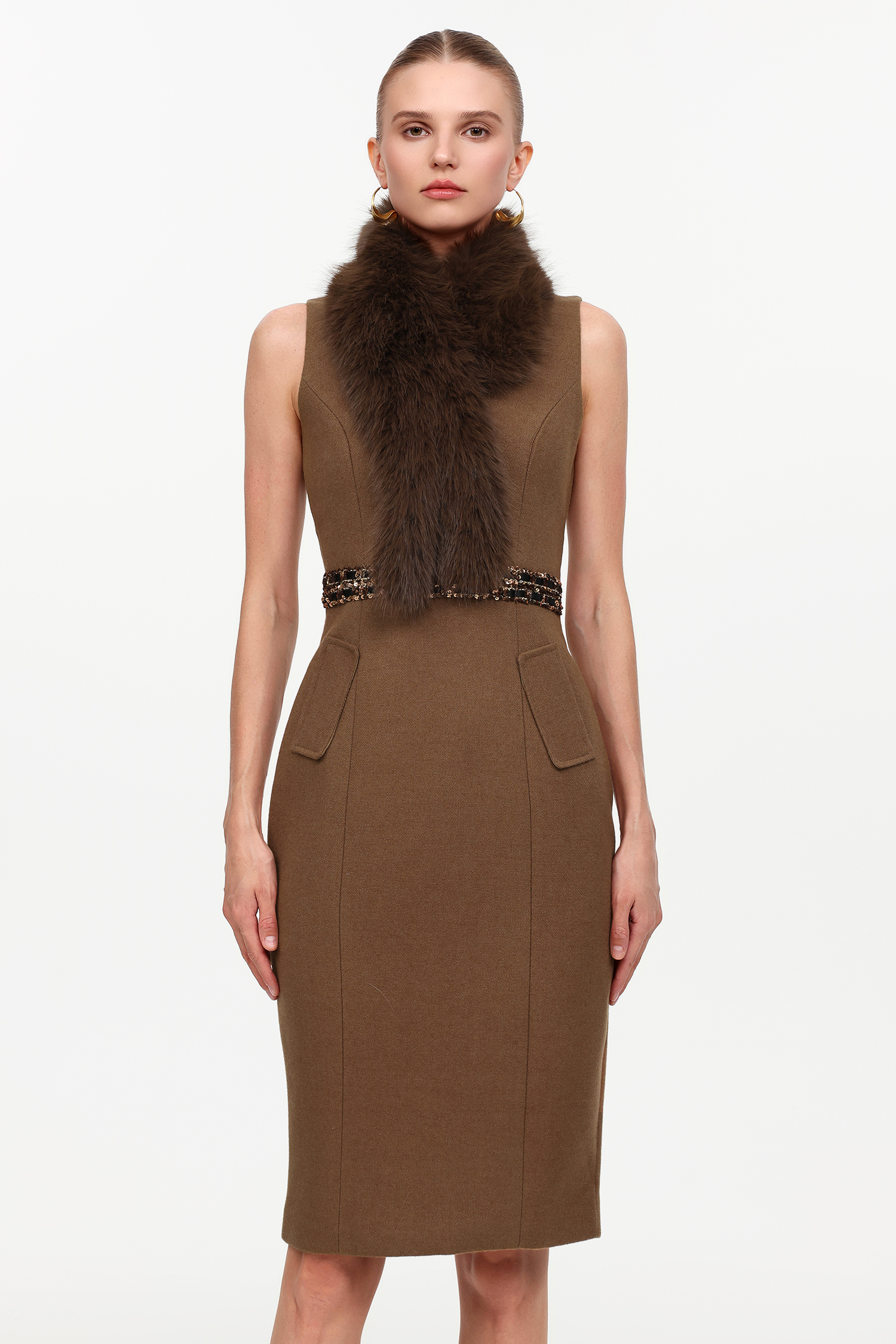 Erise Elegant Tailored Sleeveless Faux Fur Woven Midi Dress