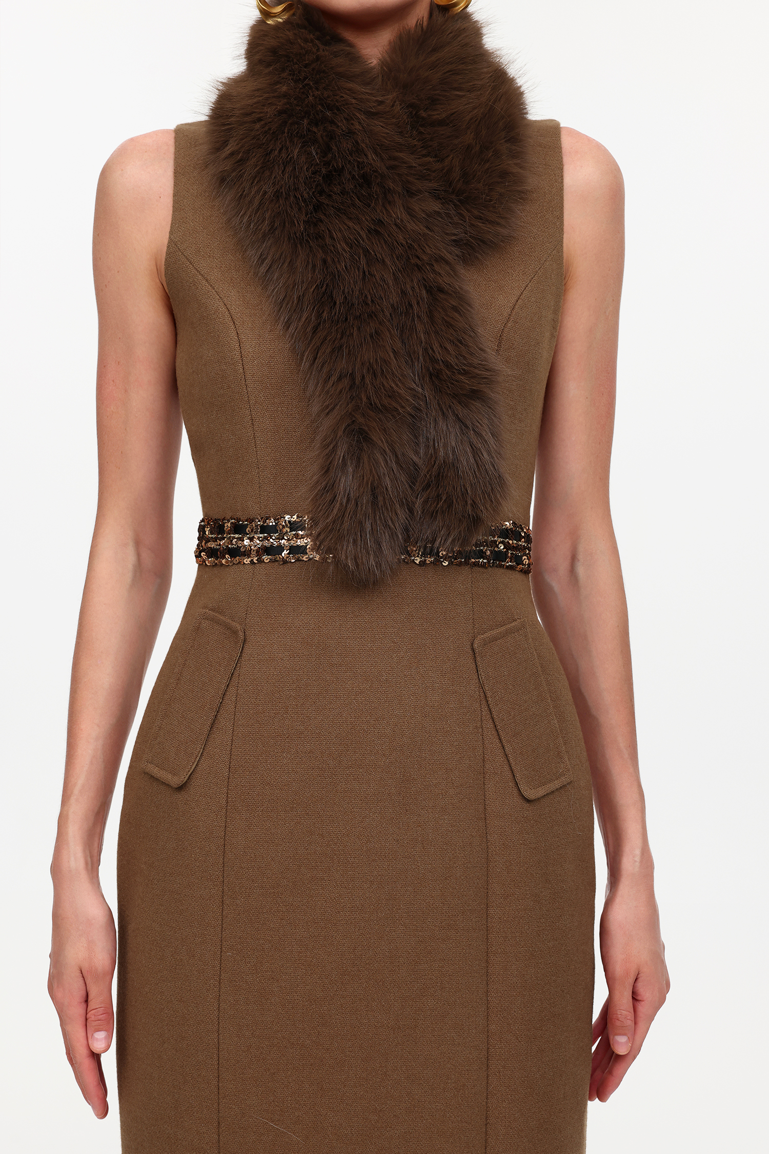 Erise Elegant Tailored Sleeveless Faux Fur Woven Midi Dress