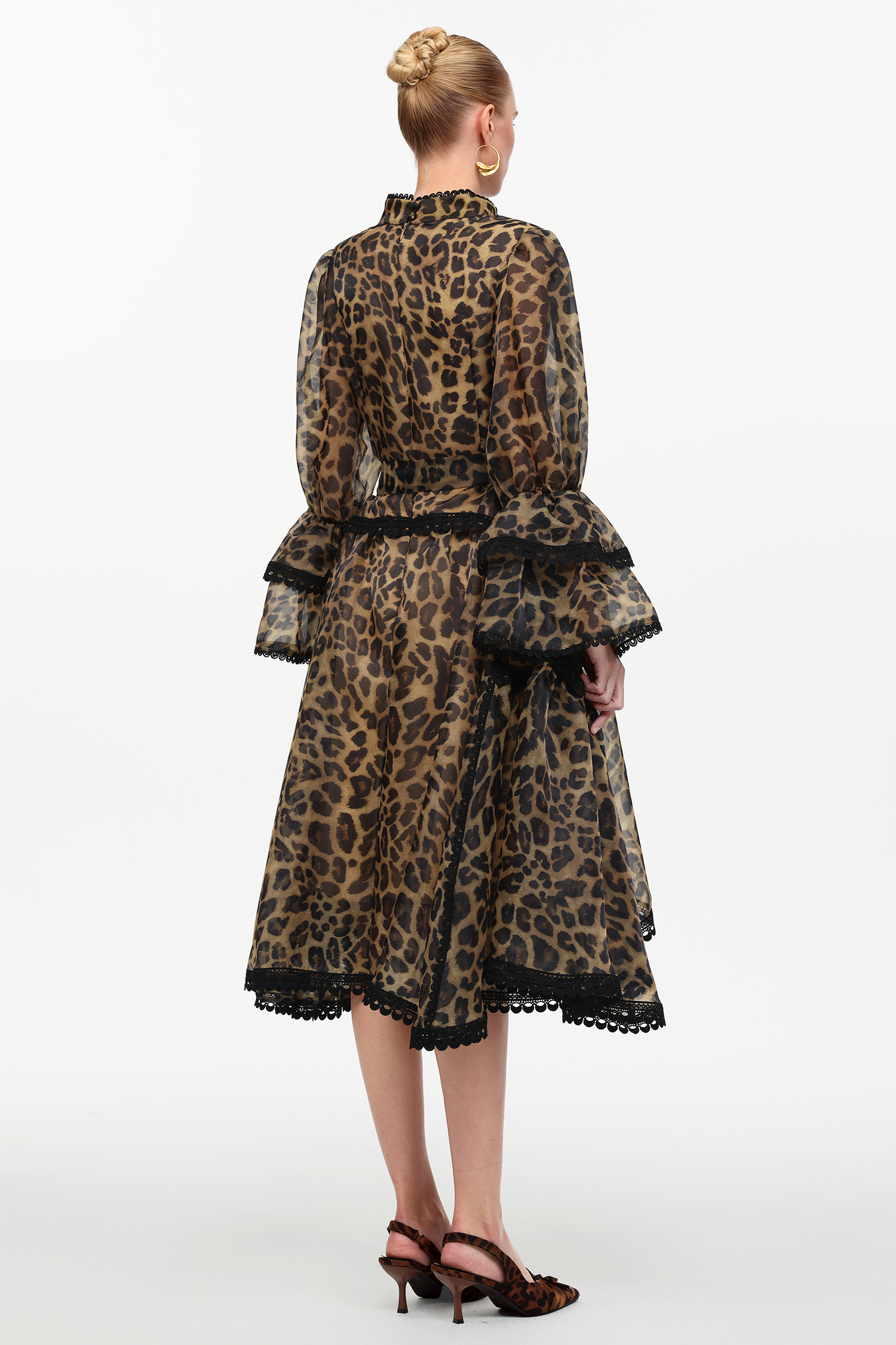 Uhren Resort Flowy V-Neck Long Sleeve Falbala Lace Woven Leopard Print Mini Dress